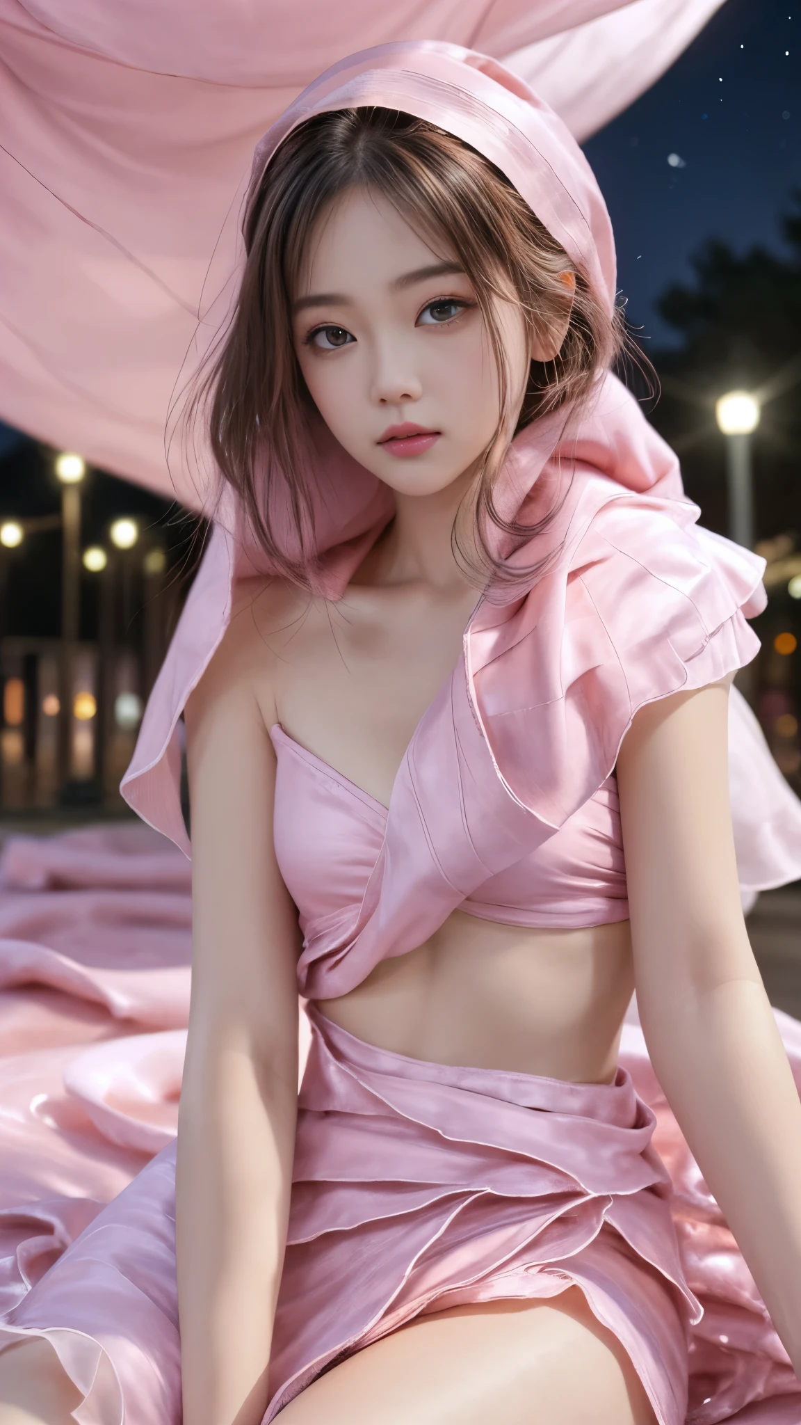 (8k, masterpiece, best quality), ultra-detailed, detailed beautiful round eyes, beautifully detailed face, high quality, high resolution, 1 girl, small breast, (pink cloth:1.5), (bare waist:1), nighttime, night park background, sitting,