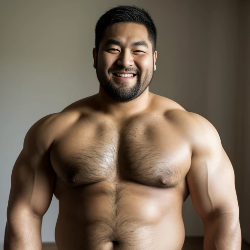 pose for a photo, Asian々,lower body,Completely naked,feet,thick body hair,male muscular body,clumsy medium shot,front light,muscular upper body,fat belly,strong and sturdy body,showing the belly button,Half-man half-Asian black bear,press chest together, between chest, in chest, chest squeeze, open your mouth and laugh,