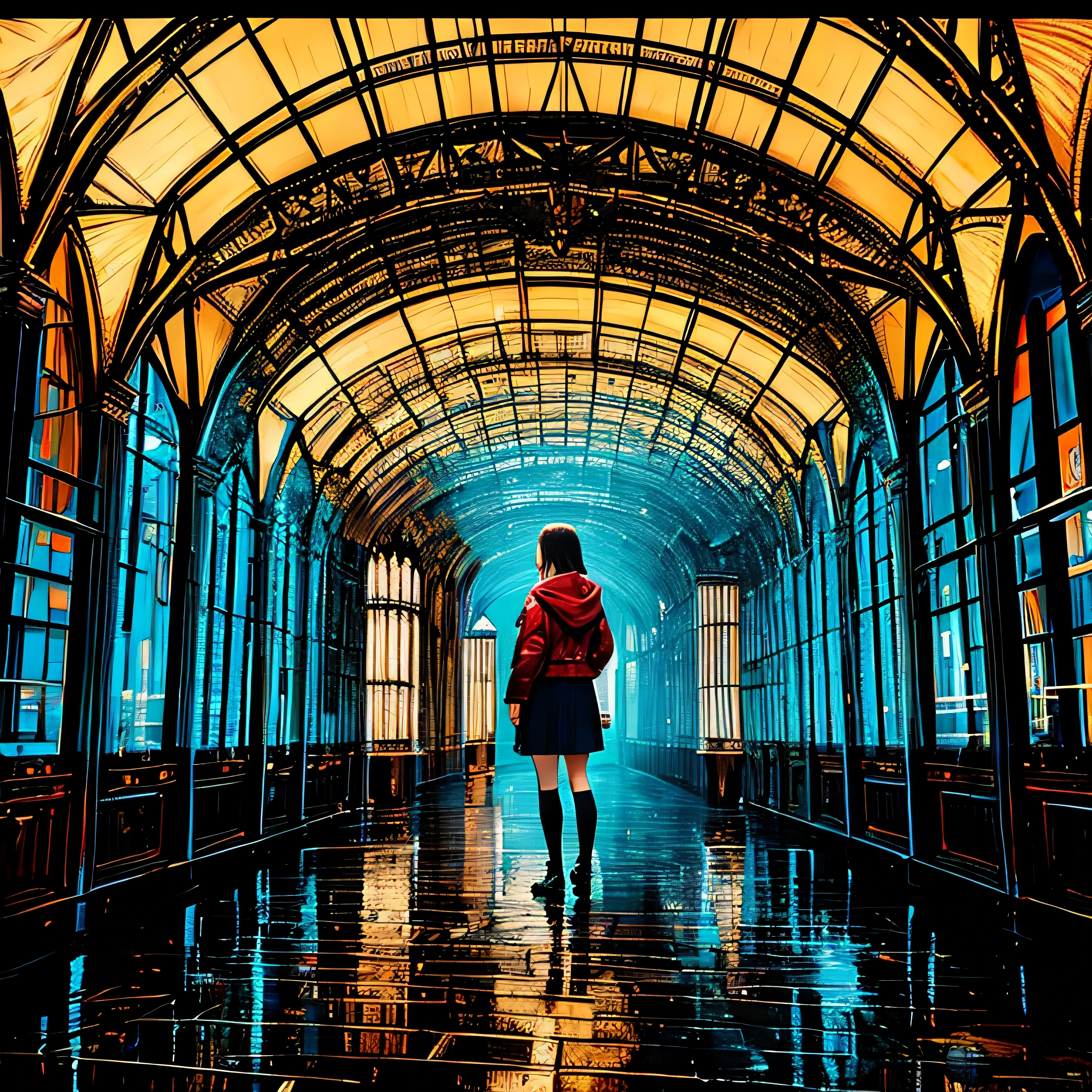 (masterpiece, top quality, best quality, official art, beautiful and aesthetic:1.2), girl, alone in the rain with a jacket in a dark city, extreme detailed,highest detailed, optical mixing, playful patterns, lively texture, unique visual effect