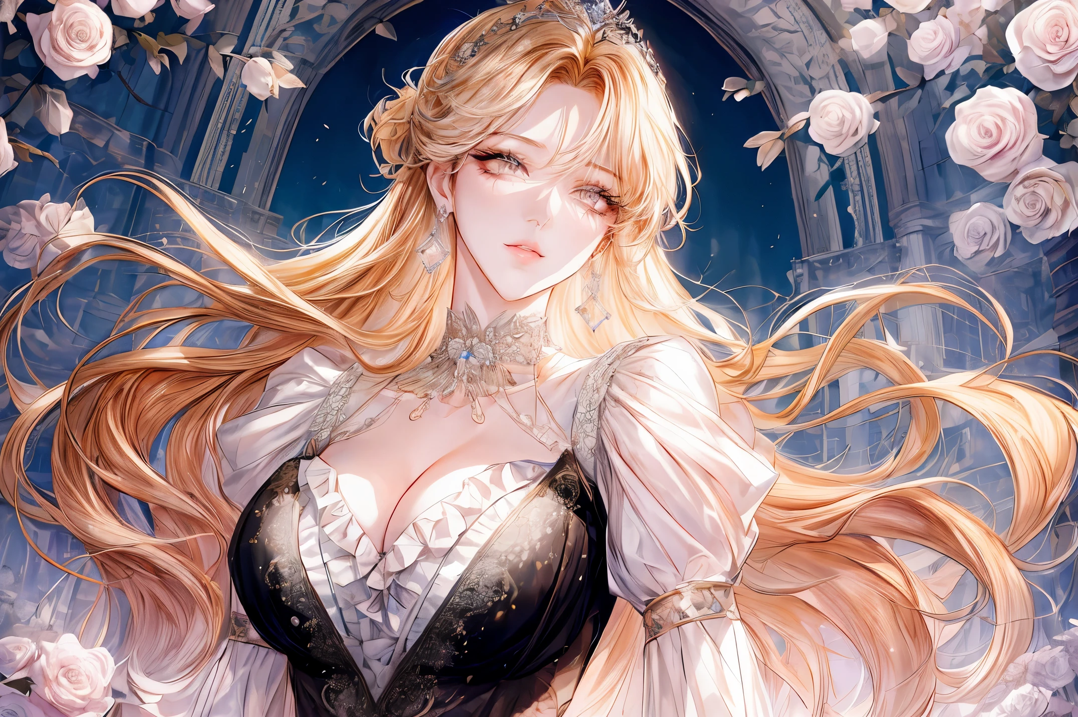 (((shoujo-style))), (romance manhwa), 1girl, blonde hair, solo, long hair, (earrings), flower, rose, crystalline, dress, tiara, white dress, gloves, long sleeves, choker, mascara, makeup, elbow gloves, bow, floating hair, bra, jewelry, looking at viewer, collarbone, puffy sleeves, golden accessories, upper body, parted bangs, very long hair, black dress, frills, bangs, closed mouth, outdoors, detailed eyes, dynamic cut,