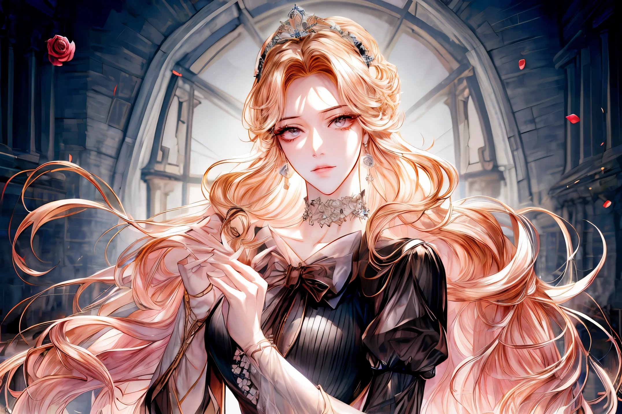 (((shoujo-style))), (romance manhwa), 1girl, blonde hair, solo, drill hair, flower, rose, crystalline, dress, tiara, white dress, gloves, long sleeves, choker, mascara, makeup, elbow gloves, bow, floating hair, bra, jewelry, looking at viewer, collarbone, puffy sleeves, golden accessories, upper body, parted bangs, very long hair, black dress, frills, bangs, closed mouth, outdoors, detailed eyes, dynamic cut,