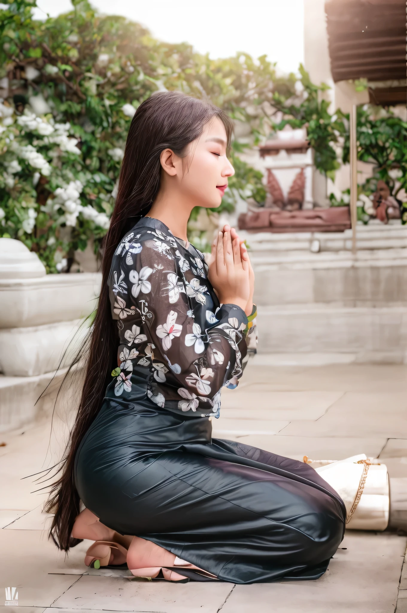 woman sitting on the ground with her hands clasped in prayer, beautiful asian woman sitting, kneeling in prayer, praying posture, asian girl with long hair, asian woman, kneeling, asian girl, an asian woman, asian women, praying meditating, mai anh tran, beautiful asian girl, south east asian with long, nivanh chanthara