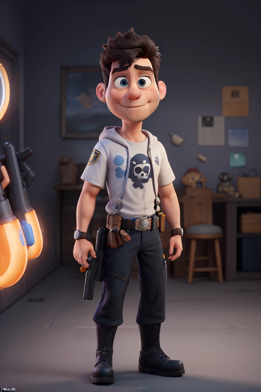 3D персонаж, very tall man in black commando uniform, Bodybilder, Very short black hair, Blue eyes, cute big round reflective eyes, large white gloves, white combat boots, white ammunition belt, black skull t-shirt, skull logo on chest, holding a Colt 45 caliber pistol in my hands, (cinematic composition), (Pixar Style:1.2), (CGI-анимация: 1.2), (Disney: 1.2), (cartoon: 0.2), (Best quality, masterpiece, 4K, ultra detailed, Sharp Focus, 8K, a high resolution:1.2), (Danny Mac 3D, from Folligon), (masterpiece: 1.2), absurdity