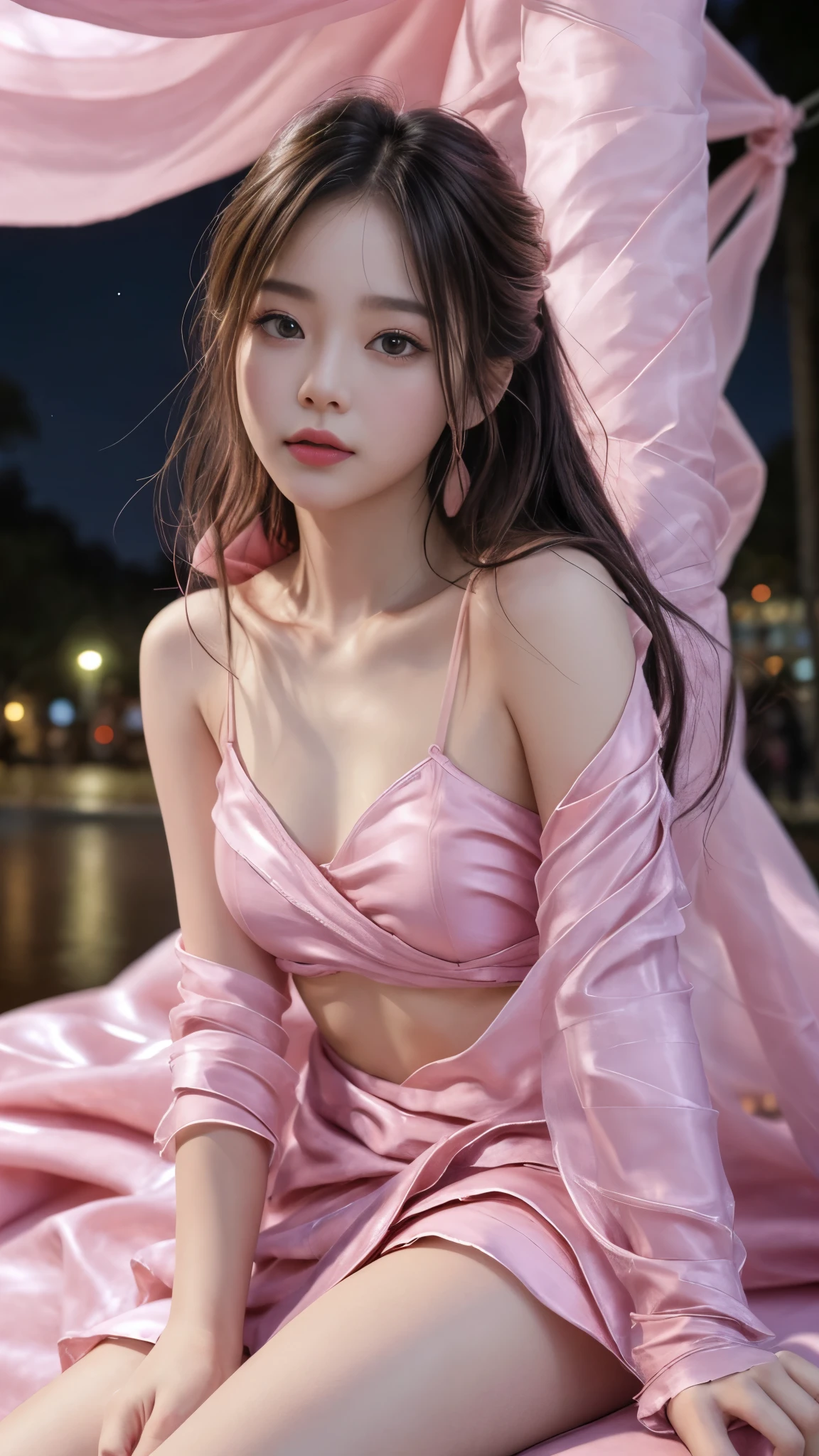 magenta tint、vibrant with colors、((tmasterpiece)))、(((quality)))、((ultra - detailed))、(Surreal)、(black transparent, lace panties),(Very detailed CG illustration)、offcial art、CD cover、It will be、midsummer、The glorious 1980s、1 Sister,ssmile、cochetti gorgeous、incomparable beauty、long whitr hair,short blouse,Superskirt、perfect angle、Perfectcomposition、corner store,(evening,trains station,trains,Cloud),