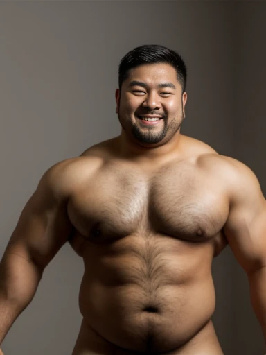 pose for a photo, Asian々,lower body,Completely naked,feet,thick body hair,male muscular body,clumsy medium shot,front light,muscular upper body,fat belly,strong and sturdy body,showing the belly button,Half-man half-Asian black bear,press chest together, between chest, in chest, chest squeeze, open your mouth and laugh,