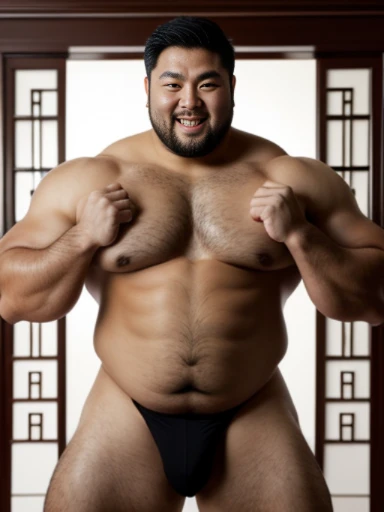 pose for a photo, Asian々,lower body,Completely naked,feet,thick body hair,male muscular body,clumsy medium shot,front light,muscular upper body,fat belly,strong and sturdy body,showing the belly button,Half-man half-Asian black bear,press chest together, between chest, in chest, chest squeeze, open your mouth and laugh,