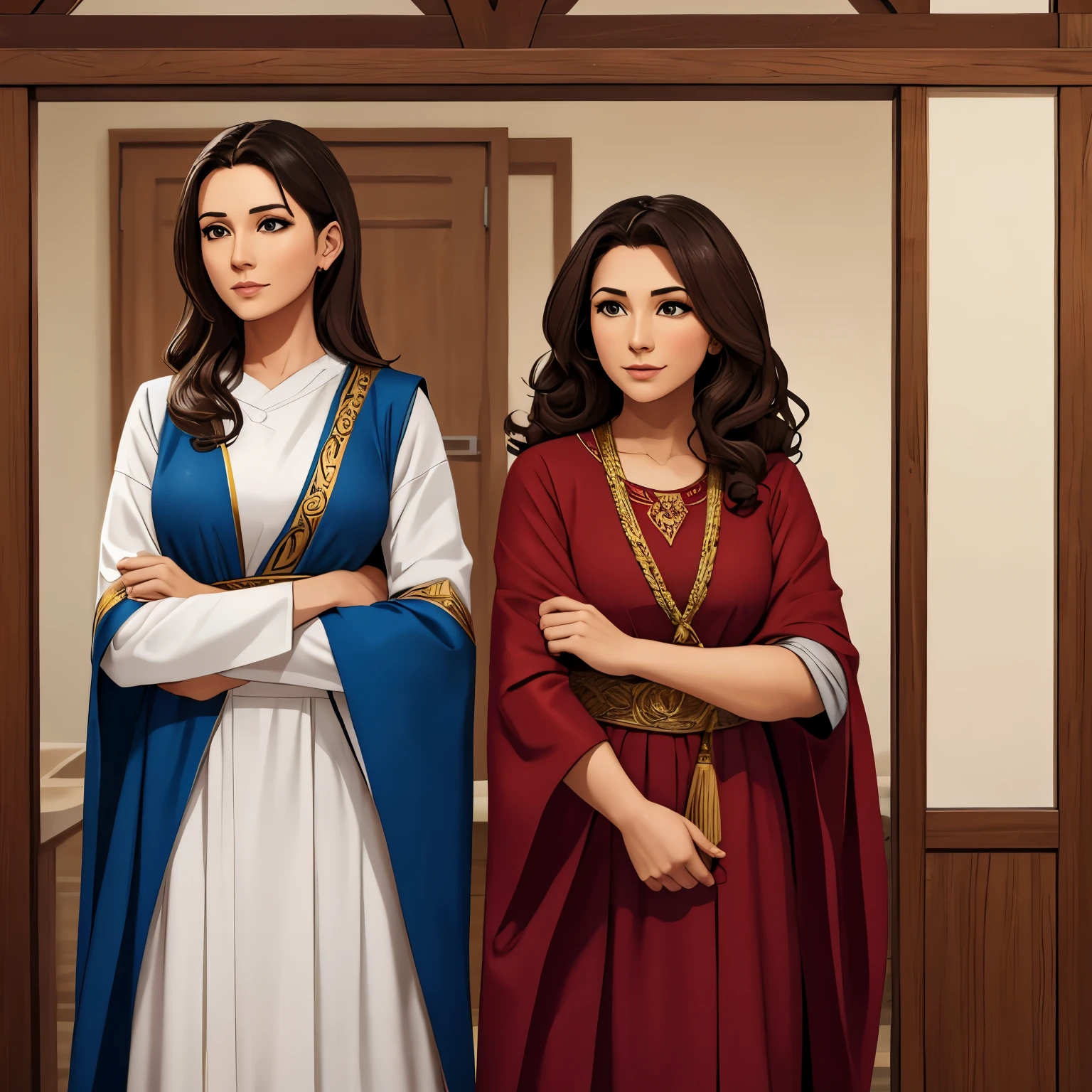Two women side by side, one wearing biblical clothes and the other wearing contemporary clothes, with a flag in the background saying women of courage.