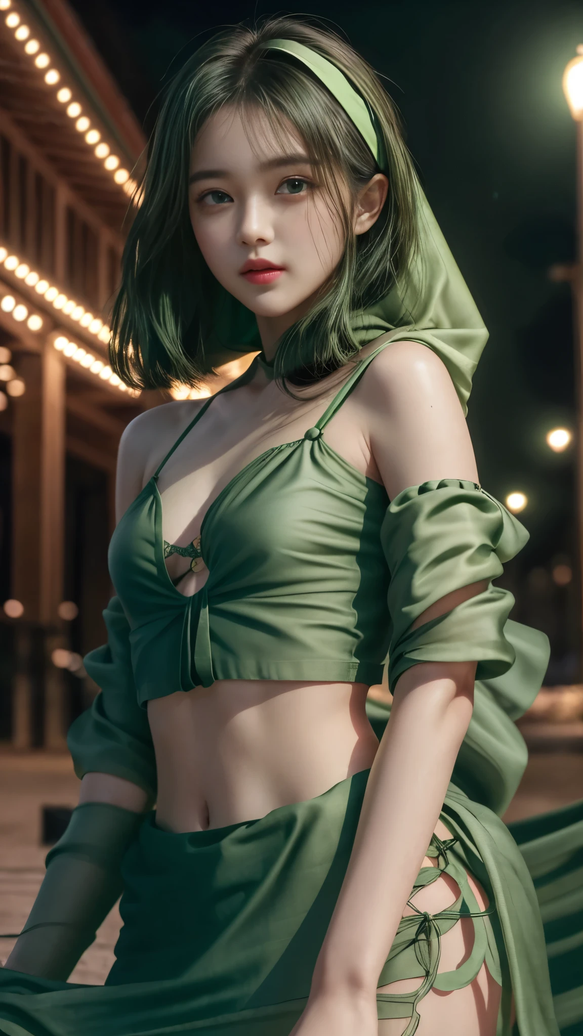 (8k, masterpiece, best quality), ultra-detailed, detailed beautiful round eyes, beautifully detailed face, high quality, high resolution, 1 girl, small breast, (green cloth:1.5), straps, (bare waist:1), nighttime, night park background,