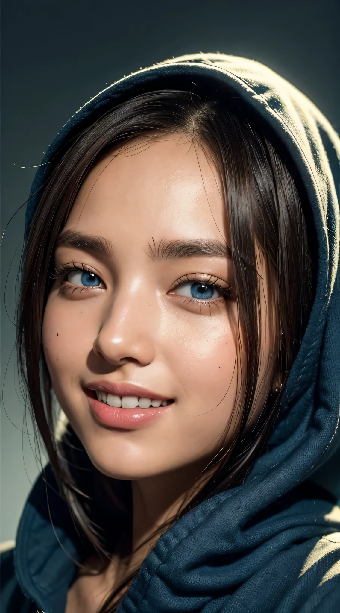 8k, best quality, masterpiece, realistic, ultra detail, photo realistic, hyper realistic, smoother lighting, increase cinematic lighting quality, realistic lighting, backlighting, brightening light, Increase quality, best quality real texture skin, close-up, slender, cute face, smile, beautiful details eyes, 19years old pakistani, pretty, Drill hair with electric blue color, hood,