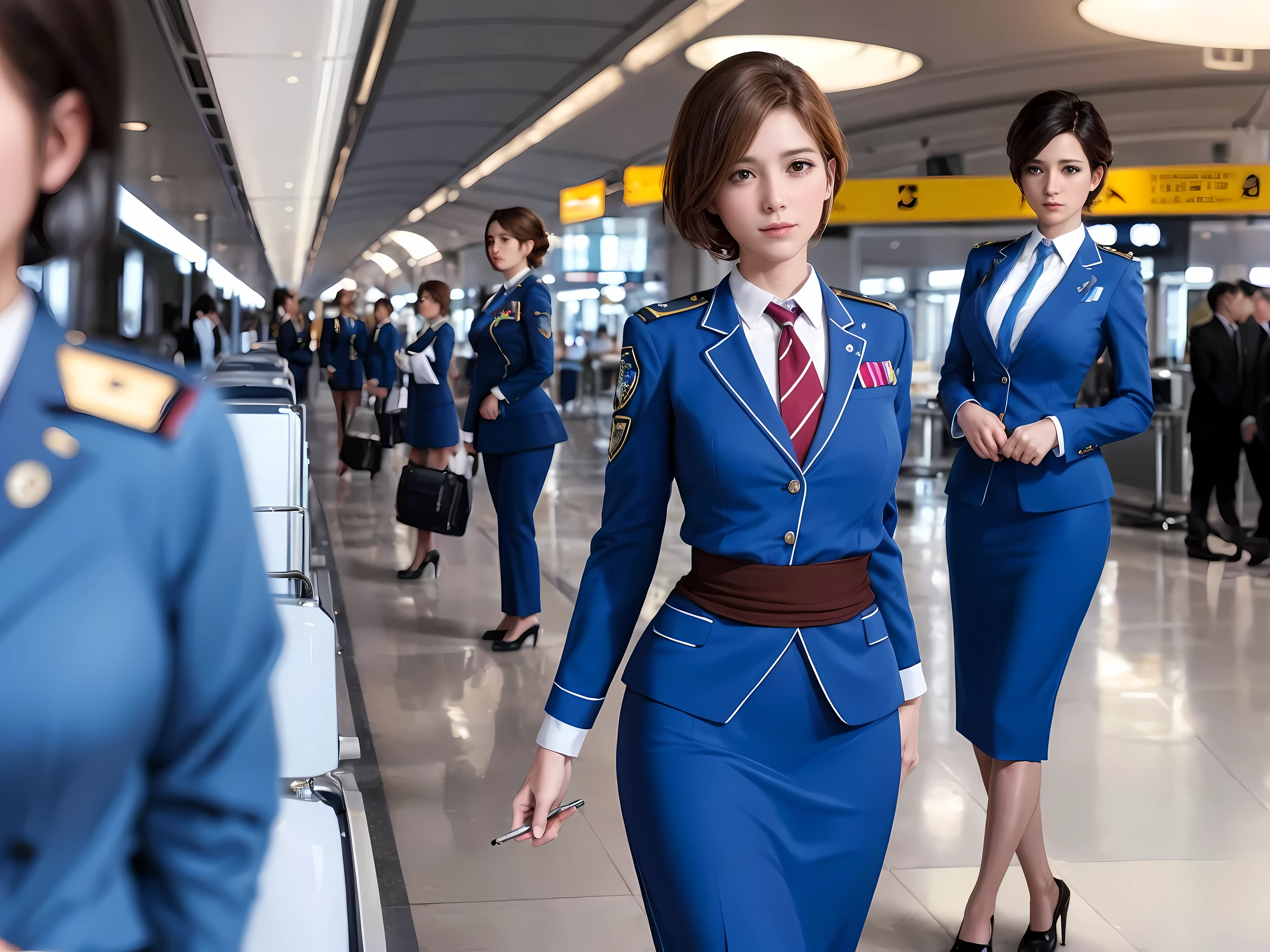 {{Mature female, caucasian}}, looking at viewer, hazel eyes, extremely detailed, medium breasts, brown hair, airport, flight attendant, uniform, blue blazer, blue necktie, blue skirt, medium skirt, pencil skirt, blue high heels, happy, best quality, high quality, extremely detailed anime screencap, {{{{crowded, multiple girls, thousands of sisters, millions of sisters,billions of sisters, clone, doppelganger, matching outfit, matching hairstyle}}}}, full body