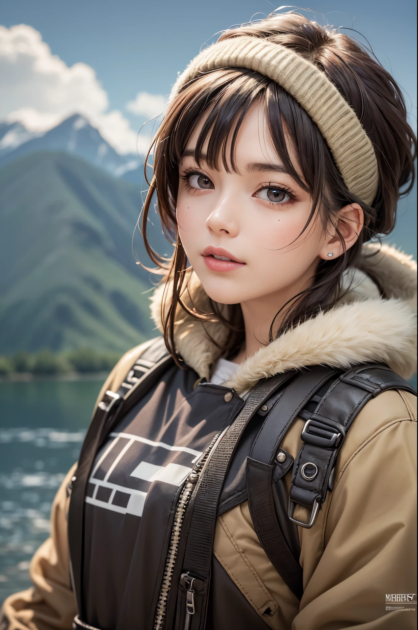 solo, woman, mountain climbing clothes, camp site, lake, fog, beautiful sky, detailed clouds, warm lighting, short hair, shiny hair, light smile, dark eyes, detailed beautiful face and eyes, cinematic lighting, jpeg artifacts, Eye-Level Shot, drop shadow, depth of field, atmospheric perspective, tachi-e, masterpiece, retina, accurate, best quality, highres, 8K, super detailed