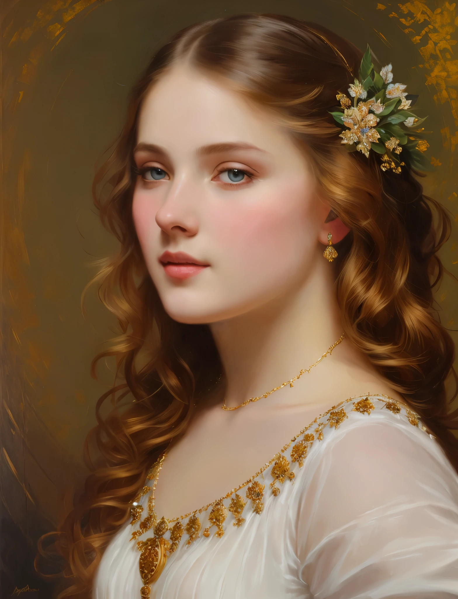 Ethereal beauty, portrait, girl, middle ages, classicism, andrey atroshenko style, painting, traditional media, realistic, figurative, fine art, oil on canvas, HDR, 8K, original character, high resolution, high detail, focus on the face