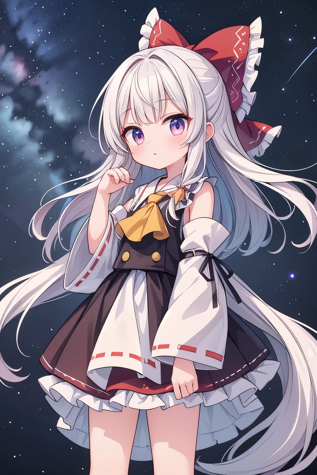 highest quality, perfect body, Delicate facial details, facial details, whole body, arm details,leg details,one human girl, alone, red eyes, droopy eyes, gray hair, straight hairstyle, pretty girl, Less revealing clothing,dressed in black,No expression,Dark night sky,midnight sky