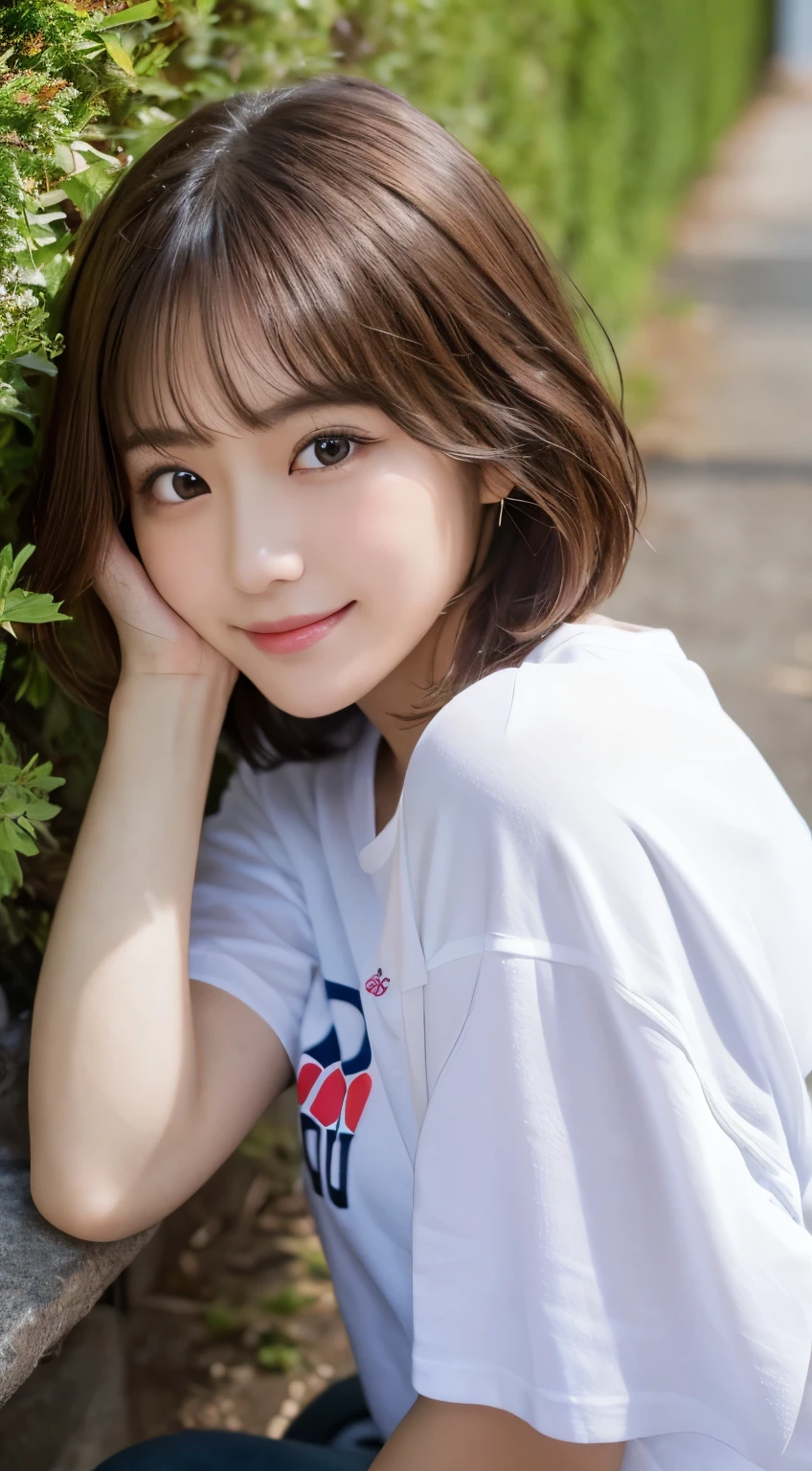 (top-quality,8K picture quality,​masterpiece:1.3,),(超A high resolution:1.3,Photorealsitic:1.4,Raw photography:1.2),(ultra-detailliert:1.2,shinny skin,Detailed skin:1.1),(Detailed face,Perfect Anatomy,Caustics:1.2),On the lawn,Sleep on your back,Overhead view,,女の子1人,kawaii,japanes,22year old,Japanese ido,Natural brown hair,Curl short hair outward,Pretty eyes,natural make up,Oversized T-shirt,a smile,Looking at the camera,up on the face,Face Focus,Professional Lighting,natural soft light,