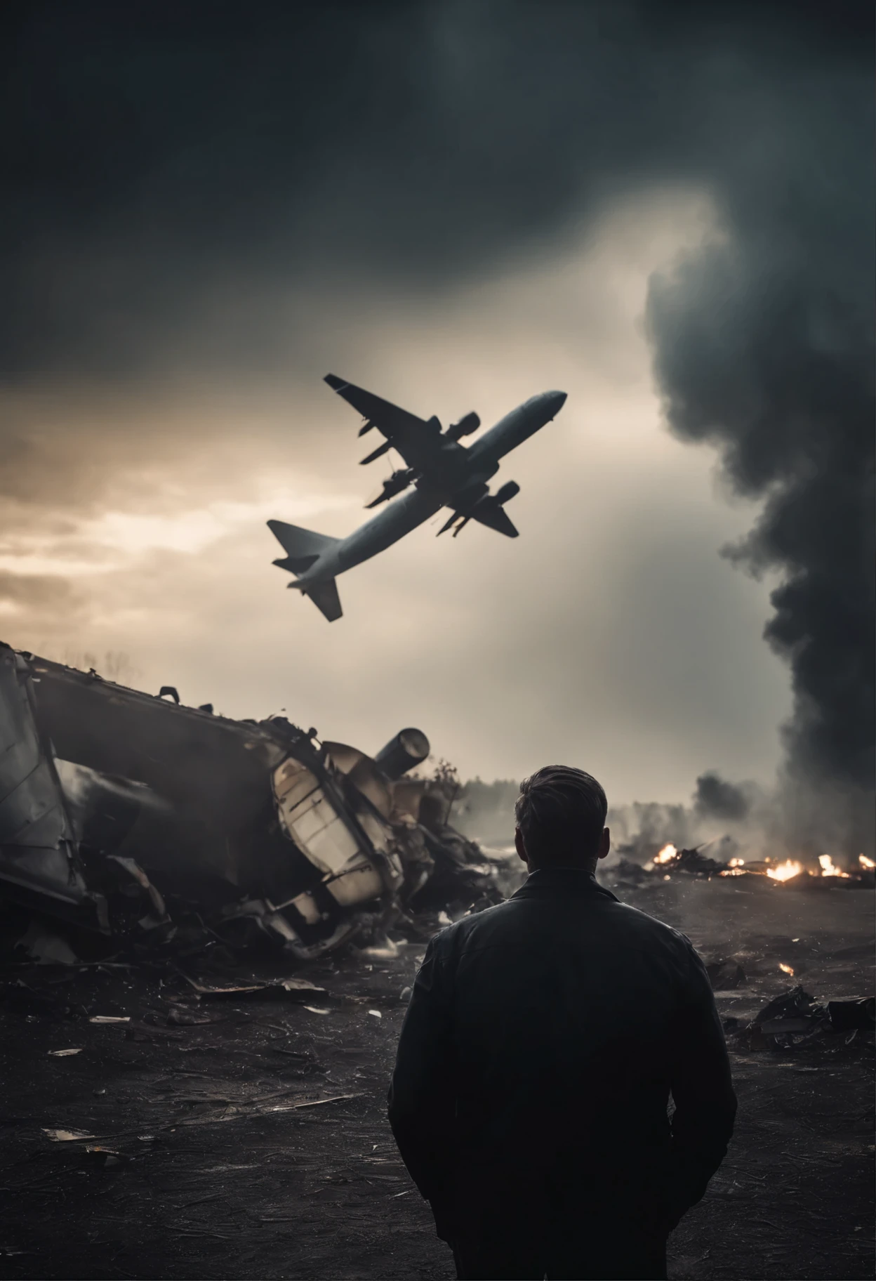 man looking at a plane crash, movie cinematic film