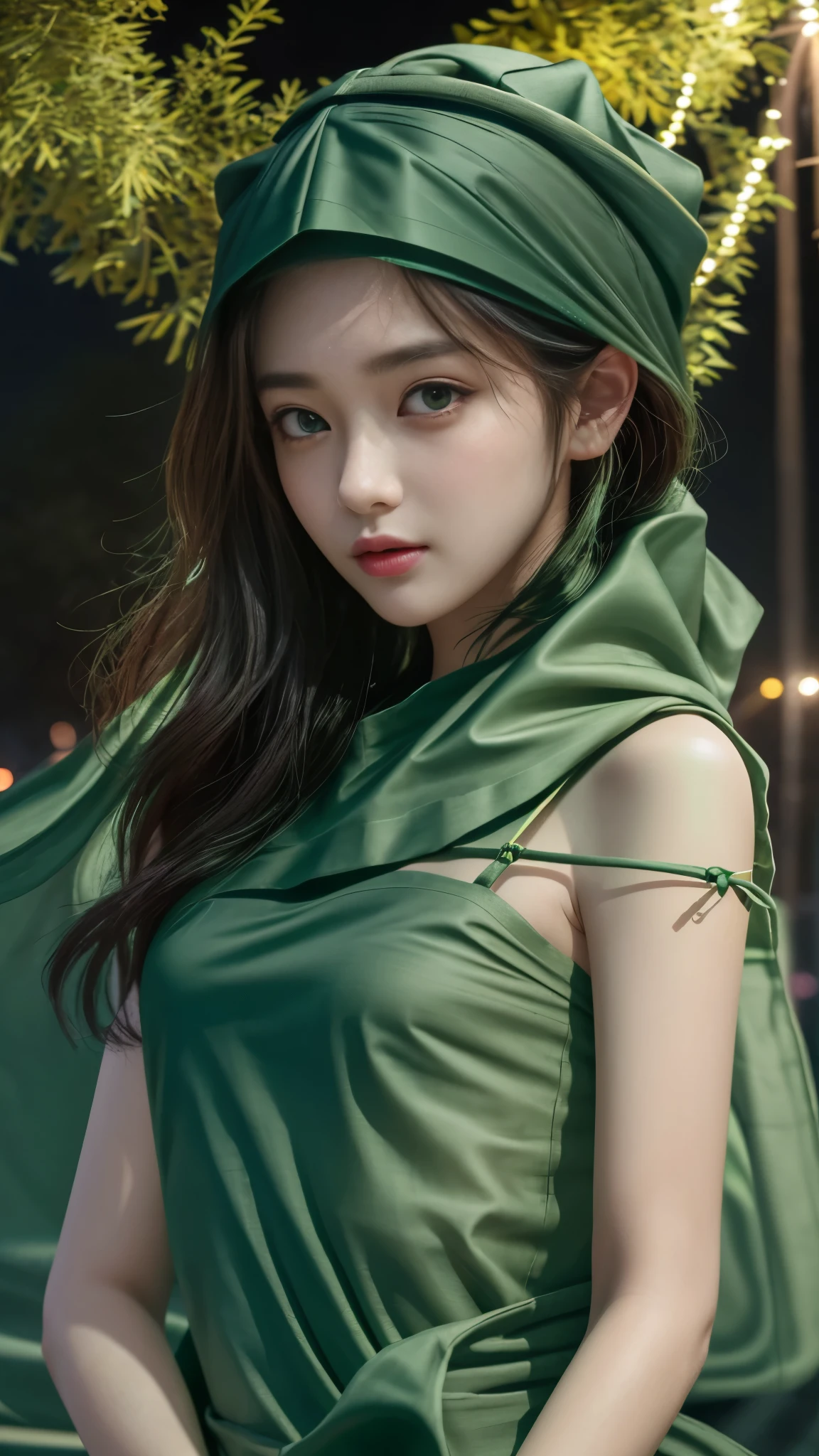 (8k, masterpiece, best quality), ultra-detailed, detailed beautiful round eyes, beautifully detailed face, high quality, high resolution, 1 girl, small breast, (green cloth:1.5), straps, (bare waist:1), nighttime, night park background,