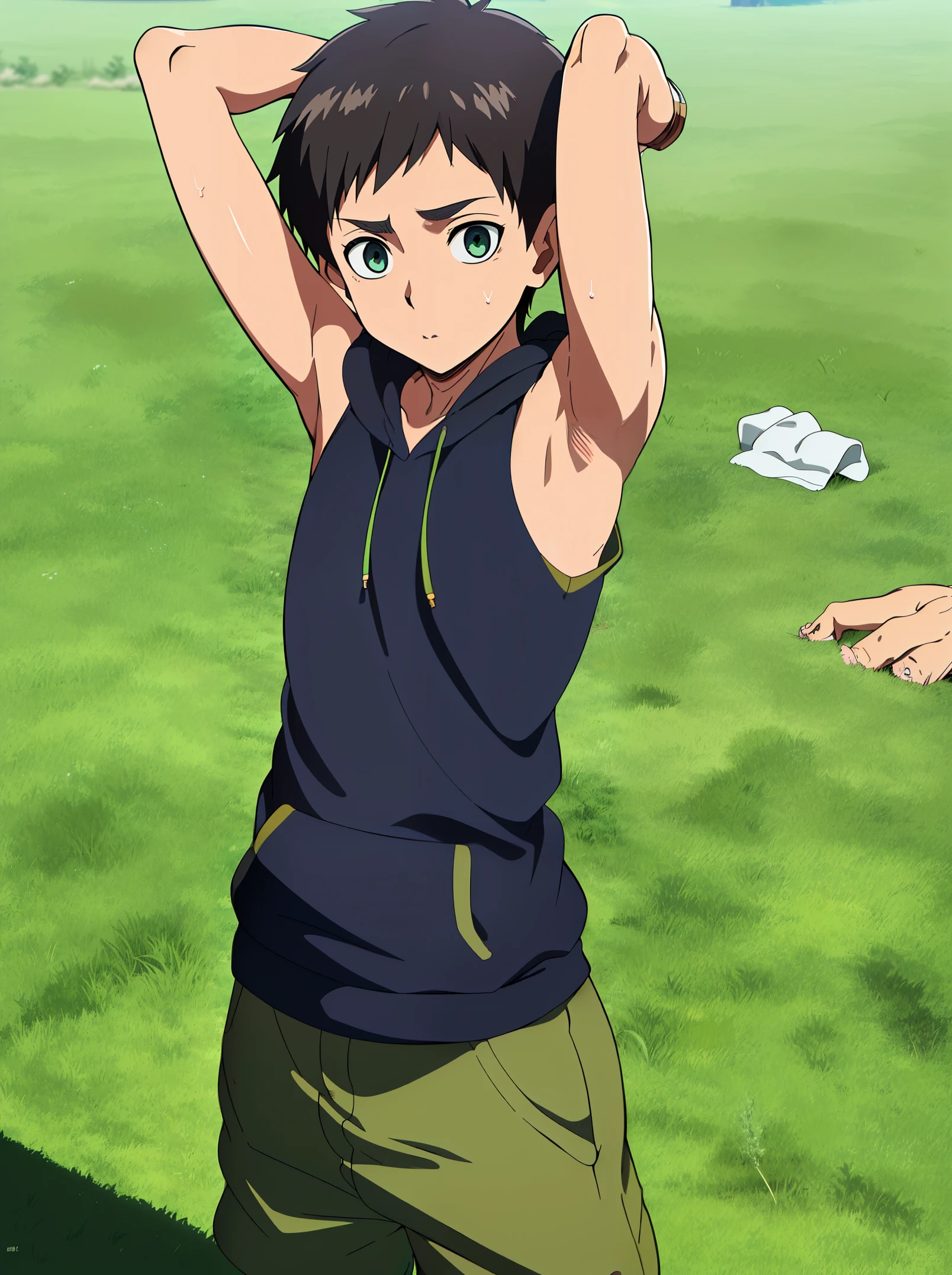 Highres, Masterpiece, Best quality at best,Best Quality,hight quality, hight detailed, 1boy, Shota, sleeveless hoodie, Grass,Body only, (very small and short stature), (very young boy), (very small and short body), 12-year-old boys, (Showing armpit:1.3), hansome, UHD, Smooth image