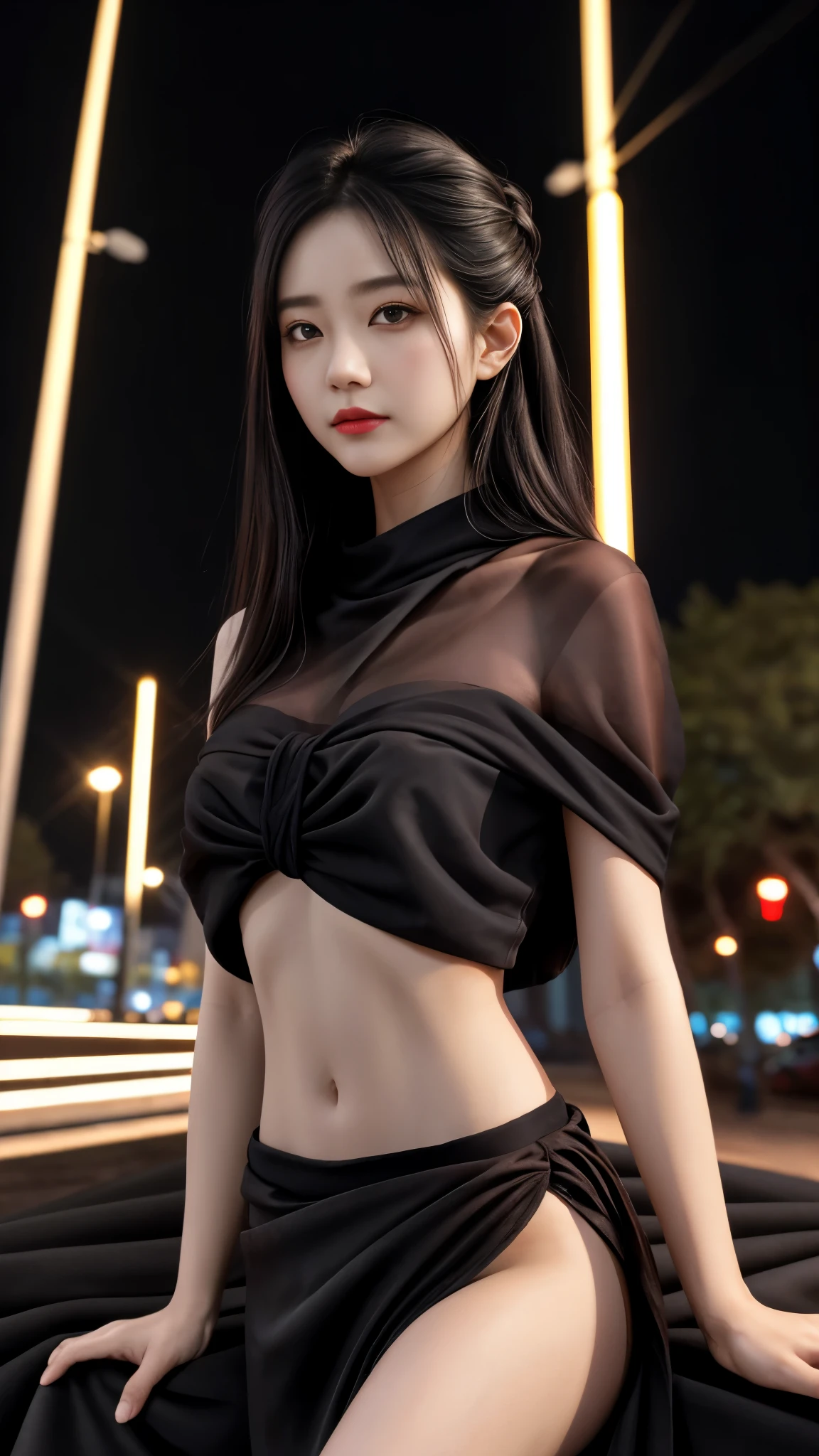 (8k, masterpiece, best quality), ultra-detailed, detailed beautiful round eyes, beautifully detailed face, high quality, high resolution, 1 girl, small breast, (black cloth:1.5), (bare waist:1.5), nighttime, night park background, 