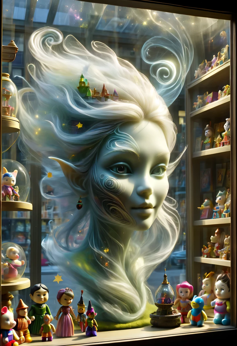 (toy store window:1.5),魔法toy store window里渗出一股神奇的魔法能量,Energy transformed into transparent face,Toy racks are neatly arranged in the glass showcase,The magical face floating outside the window,locked in window,trapped in toys,Transparent face hidden in the window,Surreal fairy tale fantasy,Epic fairy tale fantasy,Gothic magic toys