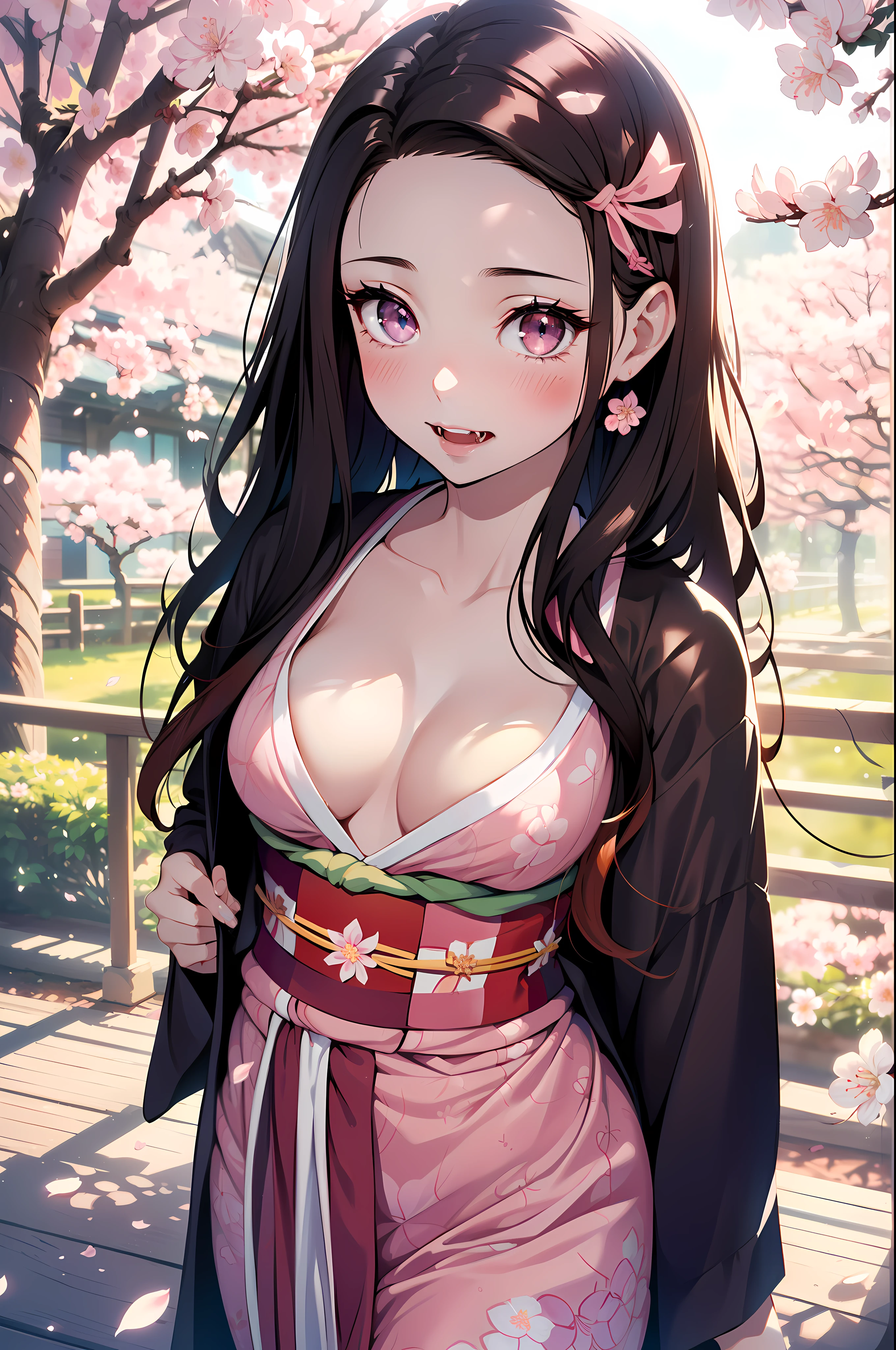 (best quality,4K,(masterpiece:1.2),very detailed,studio lighting,fancy,Soft pastel tones,Nezuko Kamada,beautiful and delicate eyes,long black hair,delicate features,wearing kimono,standing, Cherry blossom tree,Comes with a cute bamboo mouth guard,crimson red eyes,Small fangs are peeking out,pale, pinkish skin,Pastel pink blusher on her cheeks,Purple flower hairpin decorated with ribbon,Soft sunlight shining through the leaves,Create soft shadows on the ground,Dew drops sparkling on cherry blossom petals, (sexy:1.4), seductive pose
