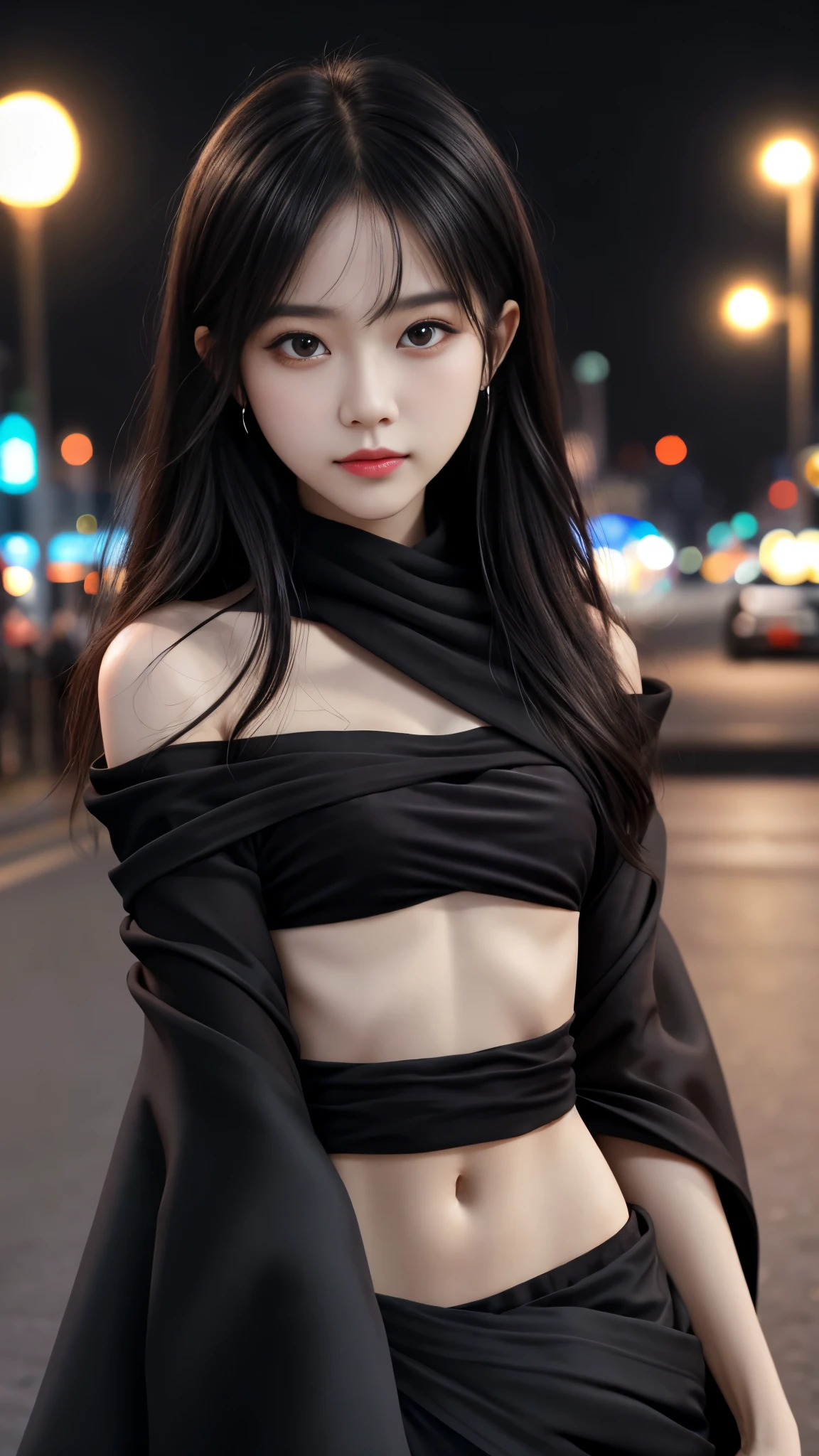 (8k, masterpiece, best quality), ultra-detailed, detailed beautiful round eyes, beautifully detailed face, high quality, high resolution, 1 girl, small breast, (black cloth:1.5), (bare waist:1.5), nighttime, night park background,