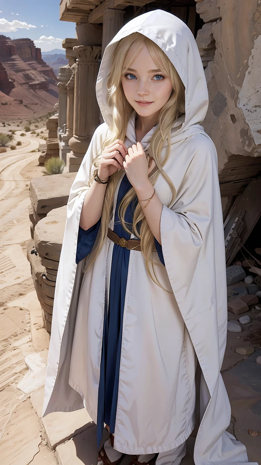 22 year old white female、hair color is blonde、blue eyes、long hair、The ends of the hair are wavy、hair is set、accessories on wrist、wears a cloak that covers the entire body、wearing a hood、wearing a muffler、covering the mouth with a muffler、Inside a ruin lined with columns in the desert、smile、hand on stone pillar