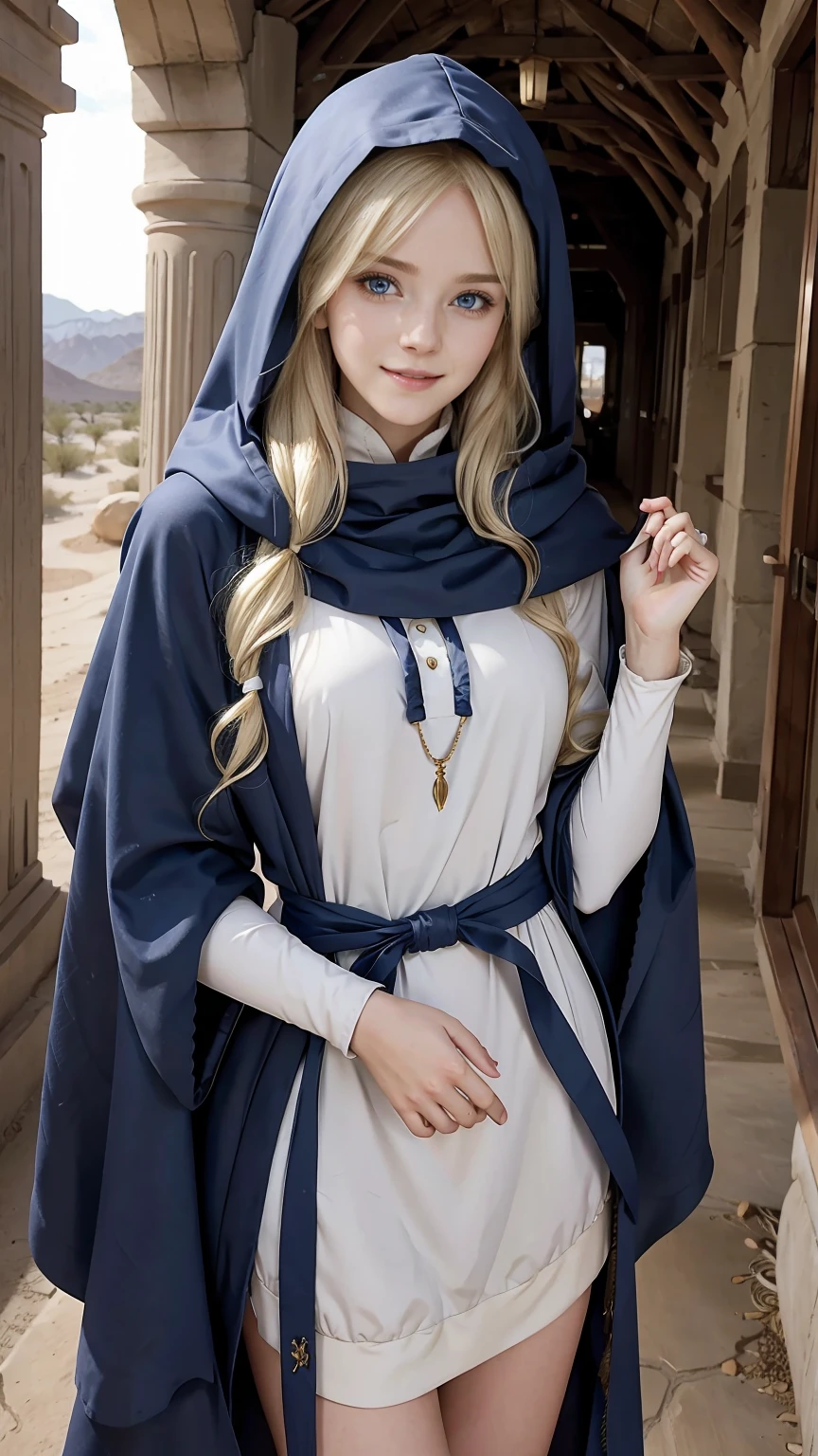 22 year old white female、hair color is blonde、blue eyes、long hair、The ends of the hair are wavy、hair is set、accessories on wrist、wears a cloak that covers the entire body、wearing a hood、wearing a muffler、covering the mouth with a muffler、Inside a ruin lined with columns in the desert、smile、hand on stone pillar