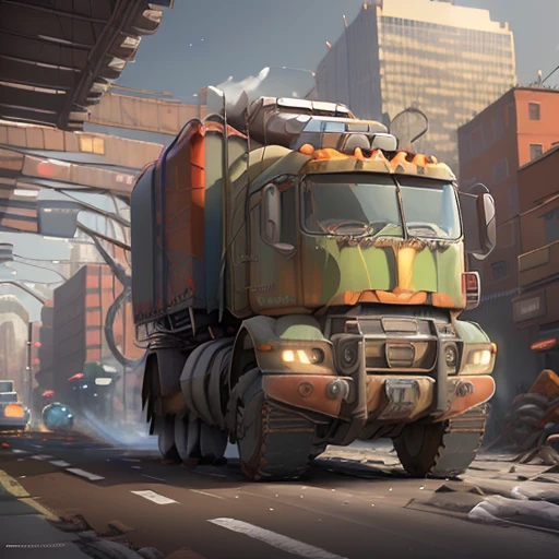 A CGDIAI truck, (best quality, highres, vivid colors), with detailed logo, shiny metallic paint, realistic headlights, large tires, clean windows, and dynamic motion blur, (bright daylight, studio lighting), on a smooth road, ( backdrop, cityscape) with tall buildings, (noisy traffic, bustling atmosphere).