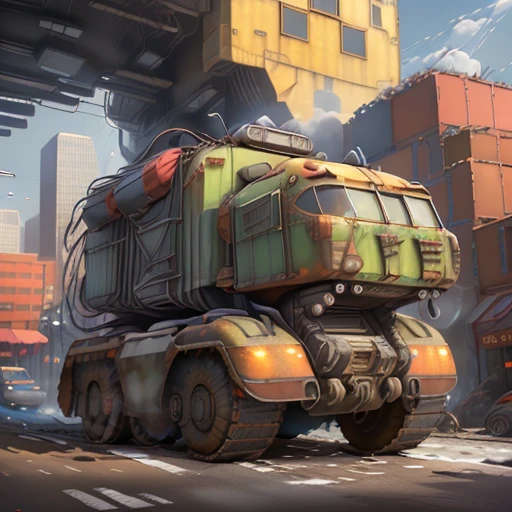 A CGDIAI truck, (best quality, highres, vivid colors), with detailed logo, shiny metallic paint, realistic headlights, large tires, clean windows, and dynamic motion blur, (bright daylight, studio lighting), on a smooth road, ( backdrop, cityscape) with tall buildings, (noisy traffic, bustling atmosphere).