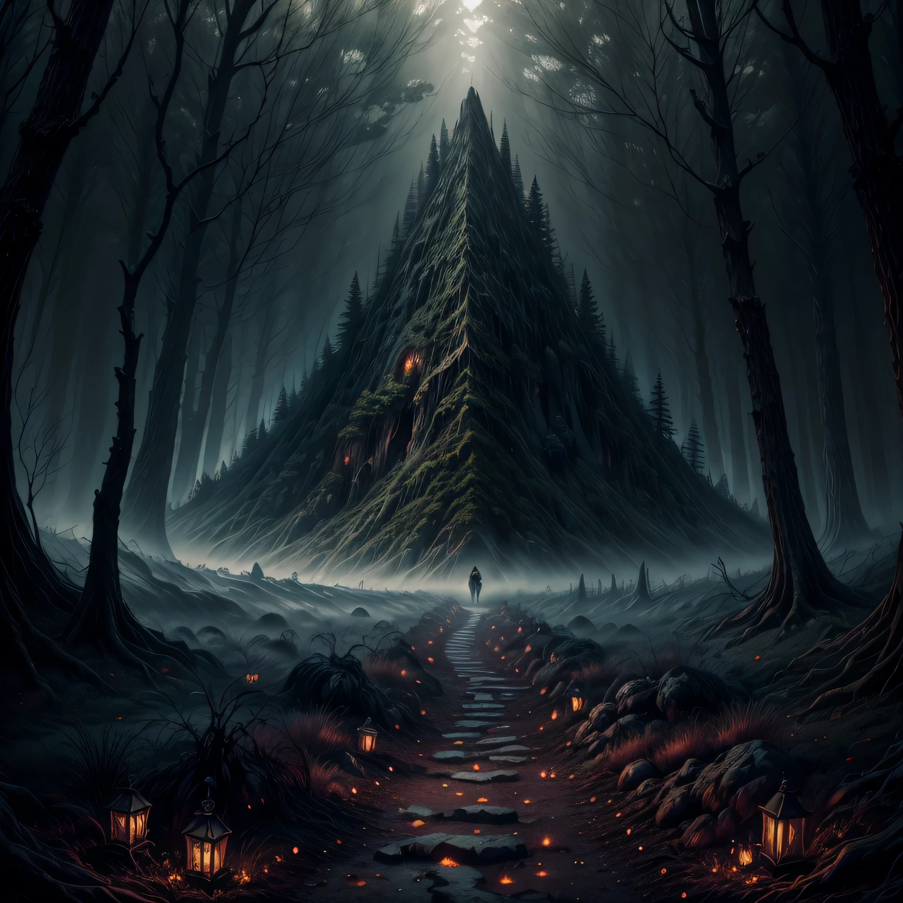 very gloomy mysterious and dark forest with undead, very unclean, incredibly high quality, Lots of elements, aesthetics of darkness, 8k or even 16k quality, stunning landscape by a lake in a dark forest, view from afar, picture