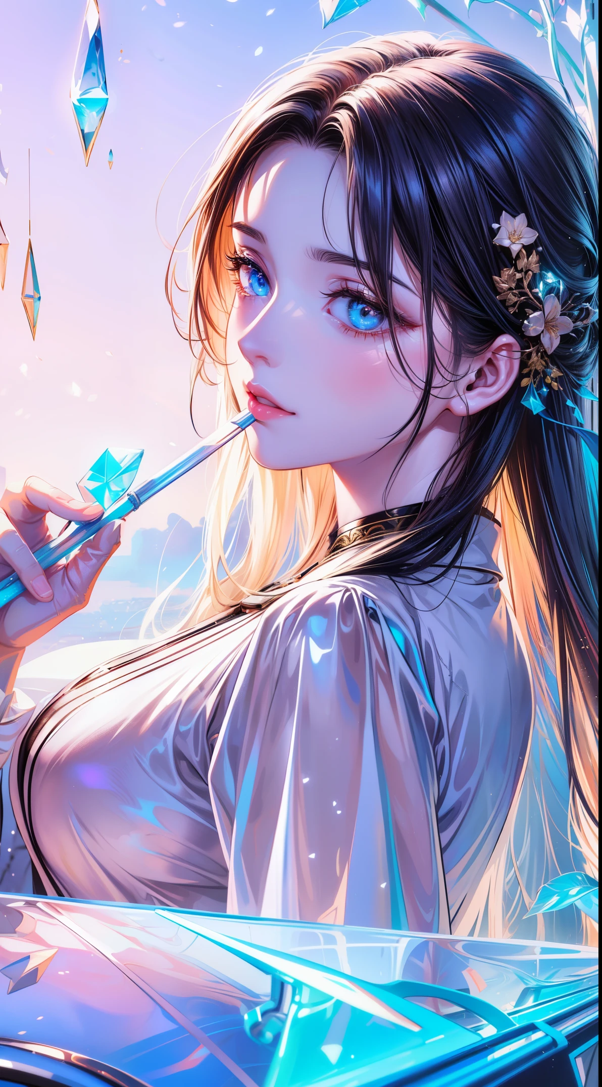 (shoujo-style), (romance manhwa), (((A girl))，delicated face，The face of Eros，Good looking Chinese woman，Cover your mouth and laugh，Abstinence，Large breasts，Close-up，Close-up of the head，Golden paradise，Irridescent color，The Arthur effect, Gradient translucent glass melt, Caustics, transparent glass texture, Irridescent color, Designed by Dietrams, Simple, Glows in high detail, white backgrounid, industrial design, studio lit, C4D, OC renderer, Clean shadows, 4K