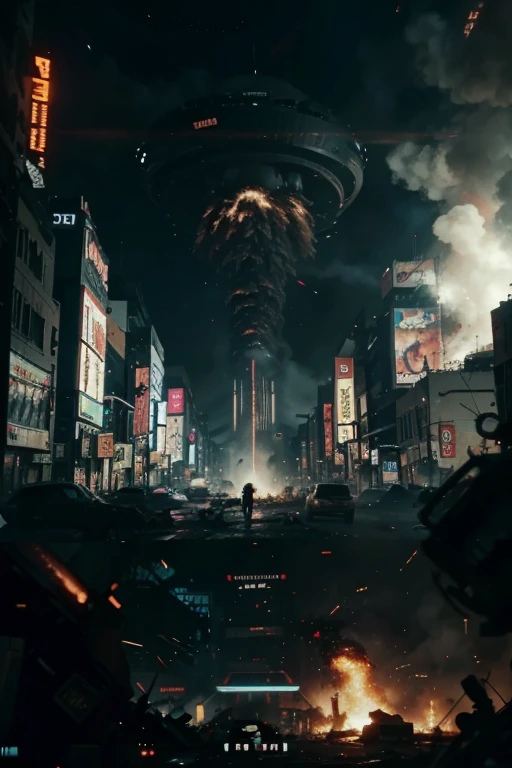 cinematic, TV screen showing news footage of destruction caused by the alien invasion - Use quick cuts to highlight the chaos and panic. cyberpunk