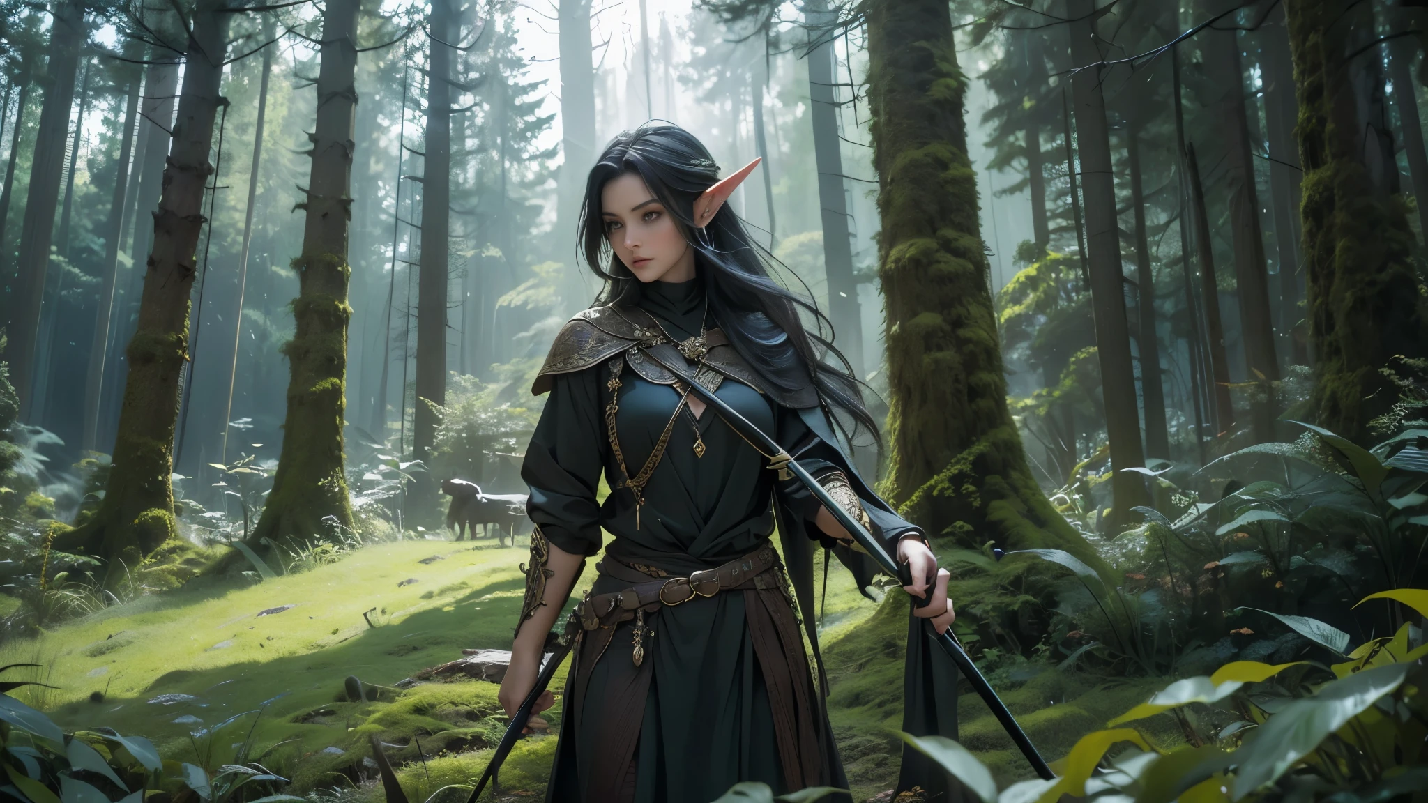 "Develop an epic and magical scene in which an elf huntress of extreme beauty, skillfully wielding a longbow, is situated in the heart of a mystical forest. Make sure the lighting highlights every detail of her determined face, highlighting her piercing eyes and determined expression. Additionally, make sure the daggers on your belt are clearly visible. Ensure image resolution is as high as possible, allowing every leaf, beam of light, and shadow in the forest to be reproduced in stunning detail and clarity."