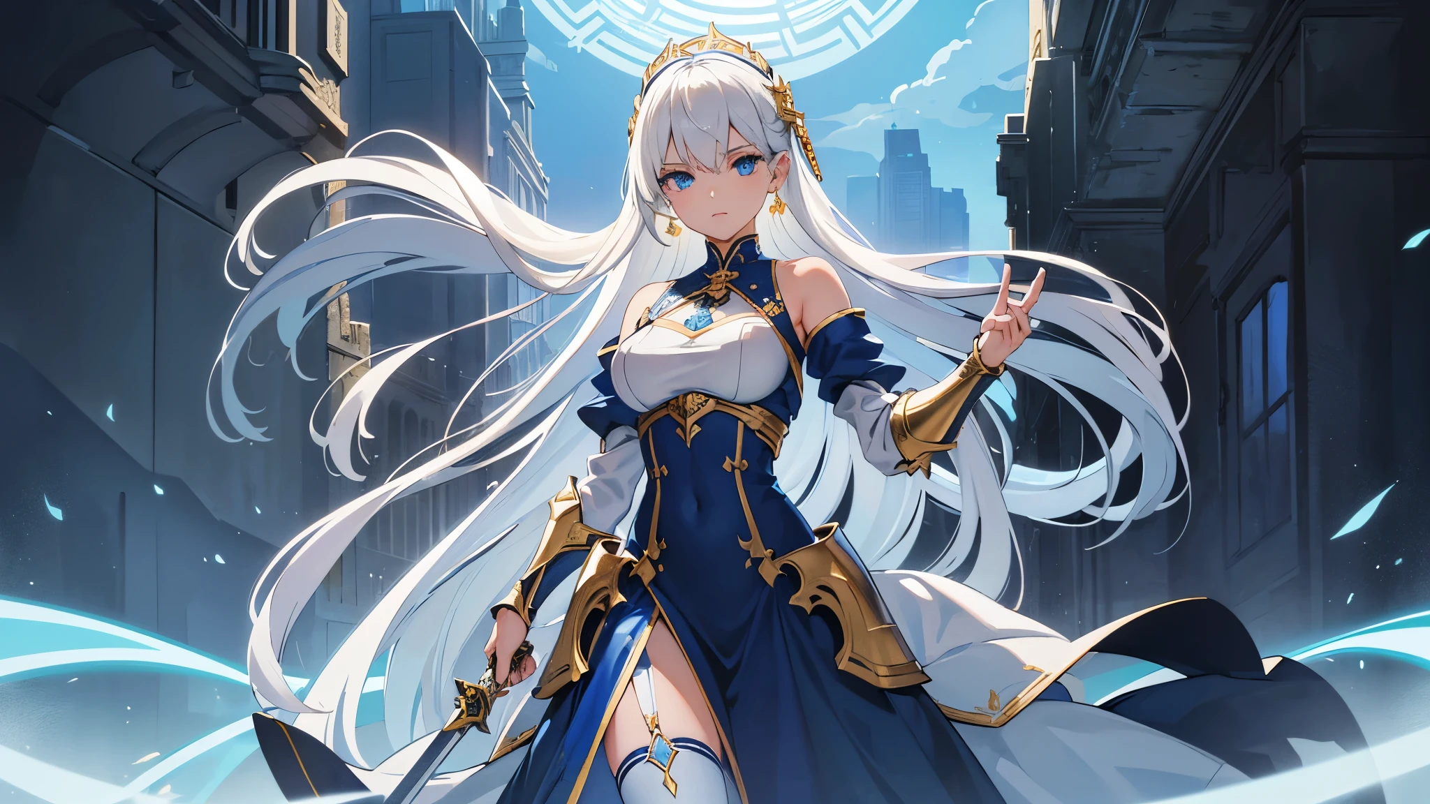 (original),(very detailed wallpaper),very detailed illustrations,(1 Girl),beautiful eyes,(delicate face),perfect detail,large breasts,(best lighting),(super complex detail),4K Unity,(super detailed CG:1.2),(8K:1.2),lifelike, (masterpiece), (best quality), (ultra detailed background), (ultra detailed face), beautiful face, perfect face, slim waist, stunning figure, one girl, long hair, (white hair), ((long right bang)), ((asymmetrical hair)), blue eyes, white sleeves, white skirt, (black stockings), blue sky, clouds, post apocalypse concept, on top of a ruin, (extremely high details), (((long blue dress))), knightly attire, warrioress, (shining eyes), (fantasy breastplate), (breast plate), light armor, (bare shoulders), standing, sword maiden concept, untied hair, ((blue and white dress with gold accents)), ornamental wrist armor, medium breasts, sun on horizon, daytime, fierce pose, battle ready pose, earrings, looking at viewers, (dominant blue dress with white patterned accents), (holding a high detailed shining long sword)