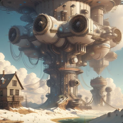 Wind Technology , science fiction, wind turbines and fans , pipeline ,  cyberpunk , 
house on hill