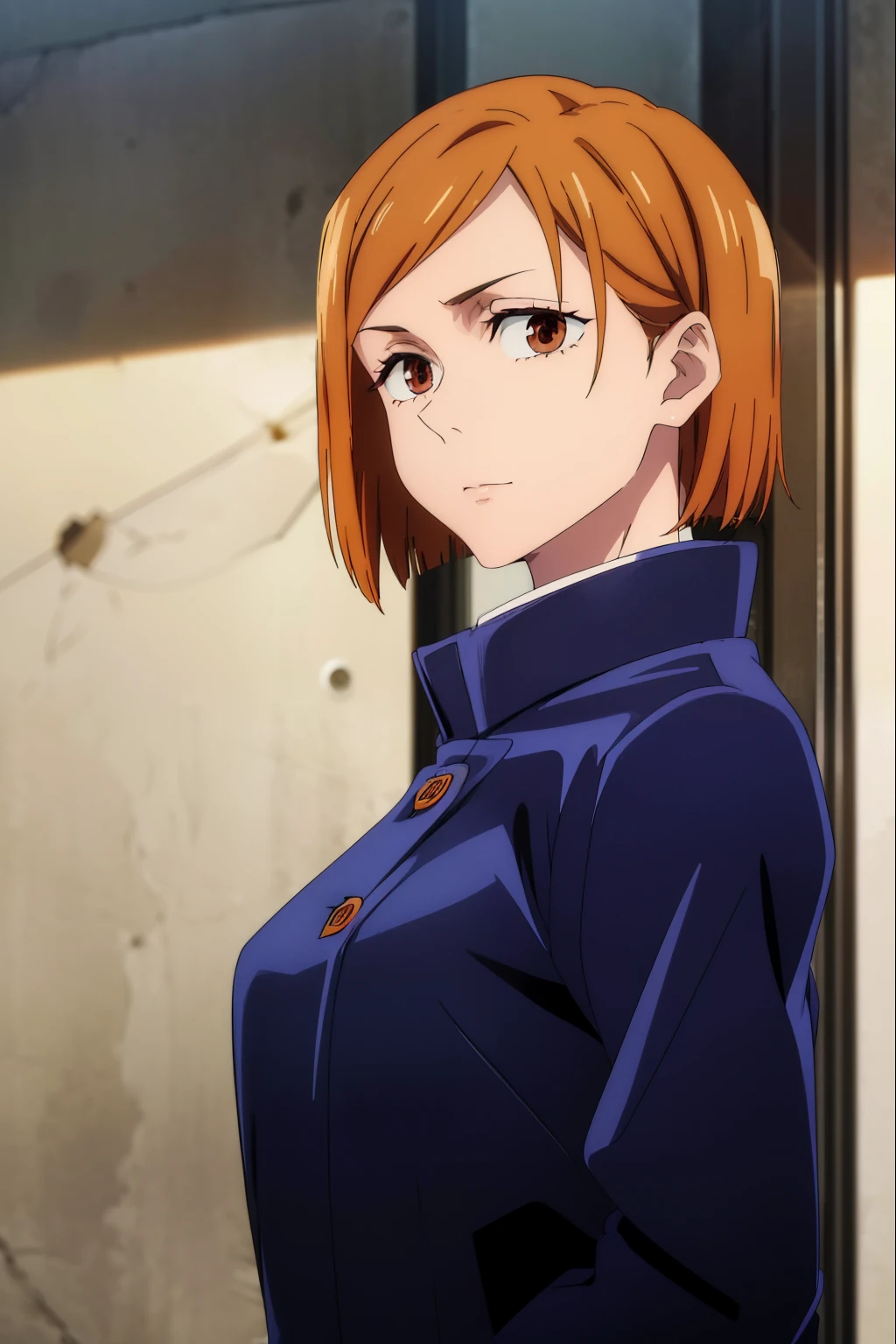 (masterpiece), (best quality), (ultra-detailed), (best illustration), (best shadow), (absurdres), nobarakugisakinova, short hair, orange hair, ((brown eyes)), kugisaki nobara, school uniform, 1girl, solo, jacket, bangs, gakuran, closed mouth, long sleeves, looking at viewer, upper body,