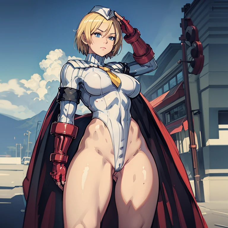 ultra-detailed, Explicit, Beautiful body, Beautiful Nose, Beautiful character design, perfect eyes, perfect face, ultra highres, 4K, beautiful legs, perfect legs, Nice hands, Perfect hand, Masterpiece, Best Quality, Highly detailed, illustration, absurdres, perfect anatomy, street fighter, doll suit, shadaloo doll, dollsuit, girls, multiple girls, expressionless, blank eyes, looking at viewer, red gloves, emotionless, black latex, corrution, mind control, female combatant, full body, hypnotized, unhappy trance, full body suit, ribbed bodysuit, both arms at side, obey, perfect female body, extremely glossy latex, hypnosis, hypnoLora, empty eyes, Mind control device, poses, submissive_pose, Slave, hat, necktie, stand up straight, standing, standing at attention, hat, necktie, belt, latex, ribbed bodysuit, thighhighs, garter belt, Fighting Stance, extending the right arm from the shoulder into the air with a straightened hand, nazi saluting, military, military saluting, salute, thigh boots, 1girl, Solo, Powergirl, dc comics, short hair, blonde hair, blue eyes