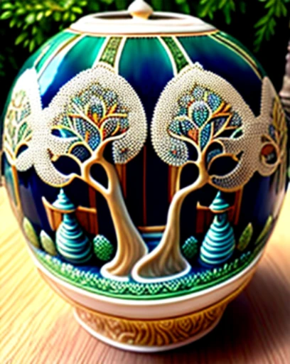 (Masterpiece:1.2),(Ultra-detailed),(Realistic:1.37),South-garden scene,Intricately carved multiple universes,Exquisitely detailed trees,Beautifully glazed ceramic,Partial enamel,Wood burning,Museum setting,Subtle lighting,Pristine condition,Impeccable craftsmanship,Harmonious color palette,Serene ambiance