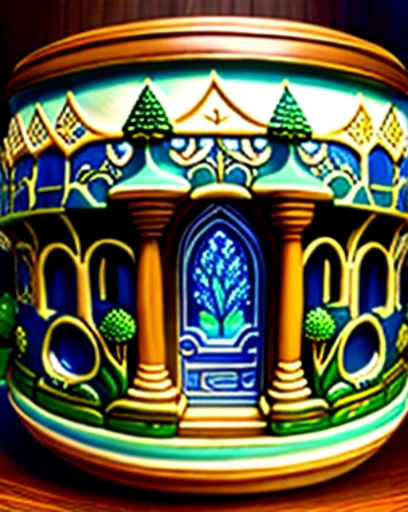 (Masterpiece:1.2),(Ultra-detailed),(Realistic:1.37),South-garden scene,Intricately carved multiple universes,Exquisitely detailed trees,Beautifully glazed ceramic,Partial enamel,Wood burning,Museum setting,Subtle lighting,Pristine condition,Impeccable craftsmanship,Harmonious color palette,Serene ambiance