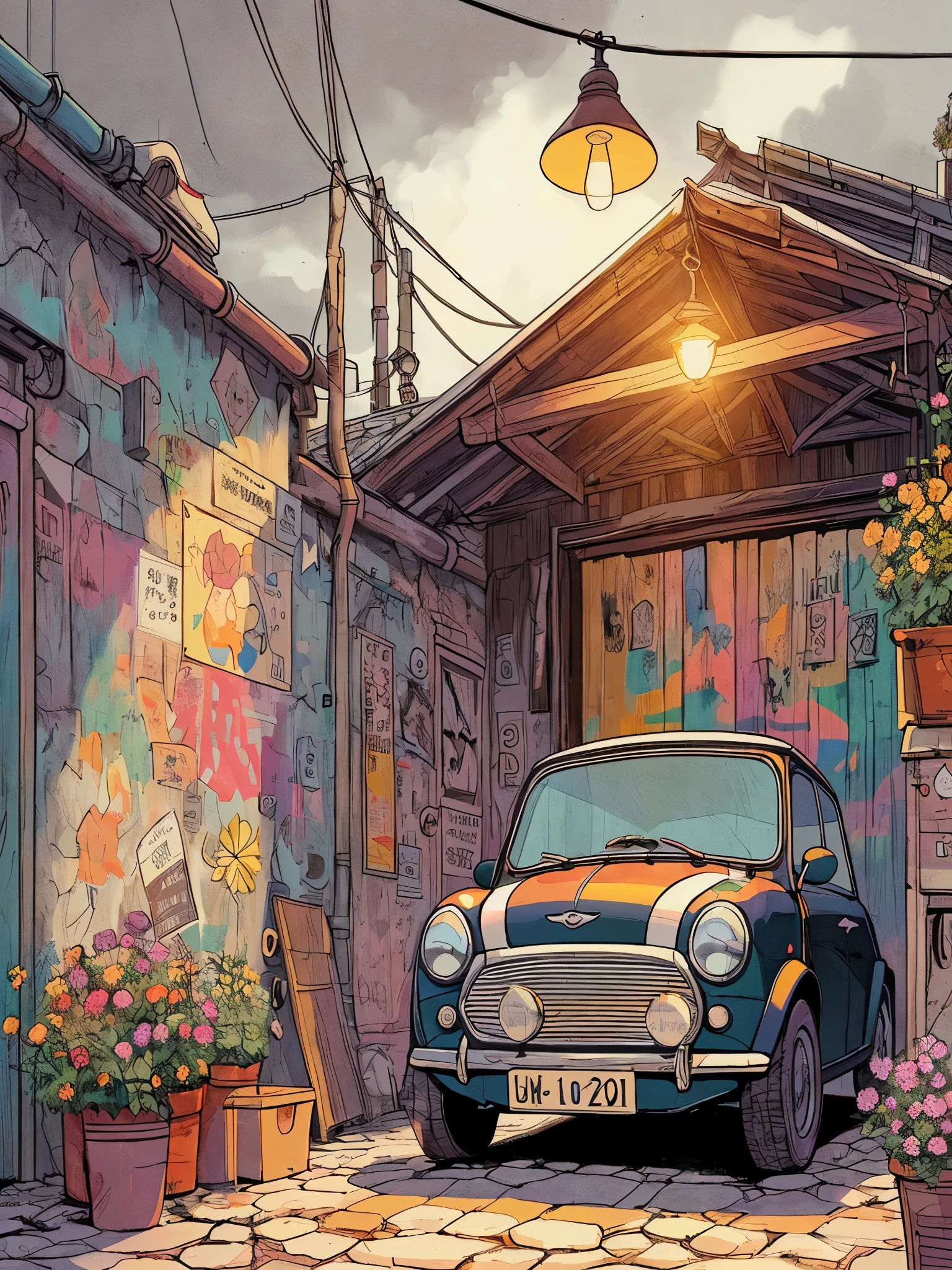 Draw an anime simple art scene of an old colorful street in France with graffitis, cracked walls, mini cooper parked under shed, flowers in pots, single light bulb hanging outside, cloudy sky, no human, vibrant color tones, dim light