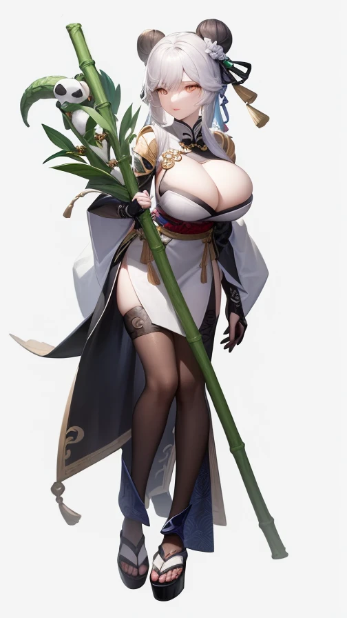 ren xiongmao, bear girl, ((Anime Art Style)),(masterpiece),(Best Quality), (Super Detail),(Highly detailed CG Unity 8k wallpaper),((Very delicate and beautiful)),((Full body portrait)),((mature woman)),expressive eyes, perfect face, (((Huge Breasts))), monster girl, anime woman in a black and white outfit holding a bamboo, (large breast), (white hair), hair bun, panda arms, panda legs, thin waist, white skin, onmyoji detailed art, onmyoji, onmyoji portrait, commission for high res, keqing from genshin impact, fullbody commission for, holding a goat head staff, she holding a long staff, official character art, holding a pudica pose