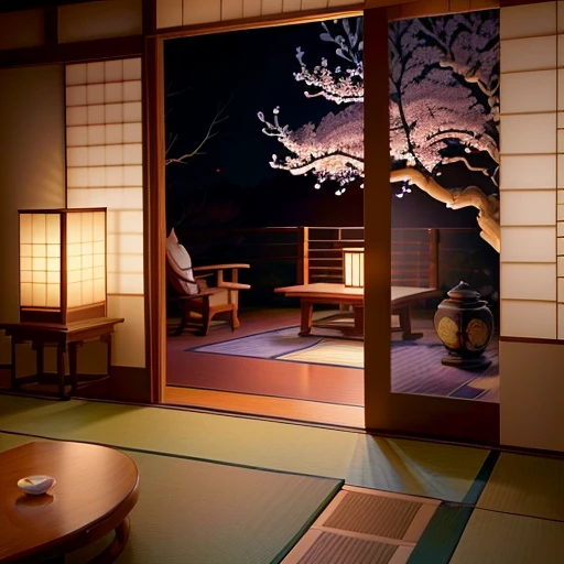 A traditional Japanese living room with detailed interior decoration.
Traditional tatami mats (detailed mats made of straw), shoji screens (intricate  sliding doors), and low wooden furniture (exquisite, handcrafted wooden tables and chairs). The room  adorned with beautiful and intricate Japanese calligraphy scrolls and delicate porcelain vases filled with elegant cherry blossoms. Soft ambient lighting from traditional  lanterns casts a warm glow, creating a peaceful and serene atmosphere. The walls are embellished with delicate hand-painted cherry blossom murals, adding a touch of natural beauty to the space. The room  tastefully decorated with traditional Japanese artwork and decorative elements, such as hanging kimonos, origami  cranes, and hand-painted fans. The color palette consists of muted earth tones, with a predominant use of natural wood, rice , and soft pastel shades reminiscent of cherry blossoms. The overall ambiance  authentic and harmonious, providing a calm and tranquil environment for relaxation and contemplation. (best quality, ultra-detailed, realistic:1.37), traditional Japanese architecture, traditional Japanese craftsmanship, zen atmosphere, peaceful ambiance, cultural aesthetics, minimalist design, natural materials, serene color palette, traditional Japanese tea ceremony, tatami mat flooring, sliding shoji doors, delicate cherry blossom motifs, exquisite porcelain vases, intricate calligraphy scrolls, soft ambient lighting from  lanterns, hand-painted cherry blossom murals, traditional Japanese artwork and decorative elements, muted earth tones, natural wood, rice , pastel shades, hanging kimonos, origami  cranes, hand-painted fans.