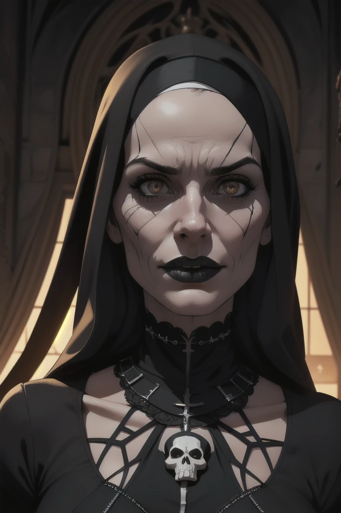 Dark, Creepy, 1,000 Year old, Lilith, low dim lighting, dark chamber, smirk, blood on her face, cultist markings,