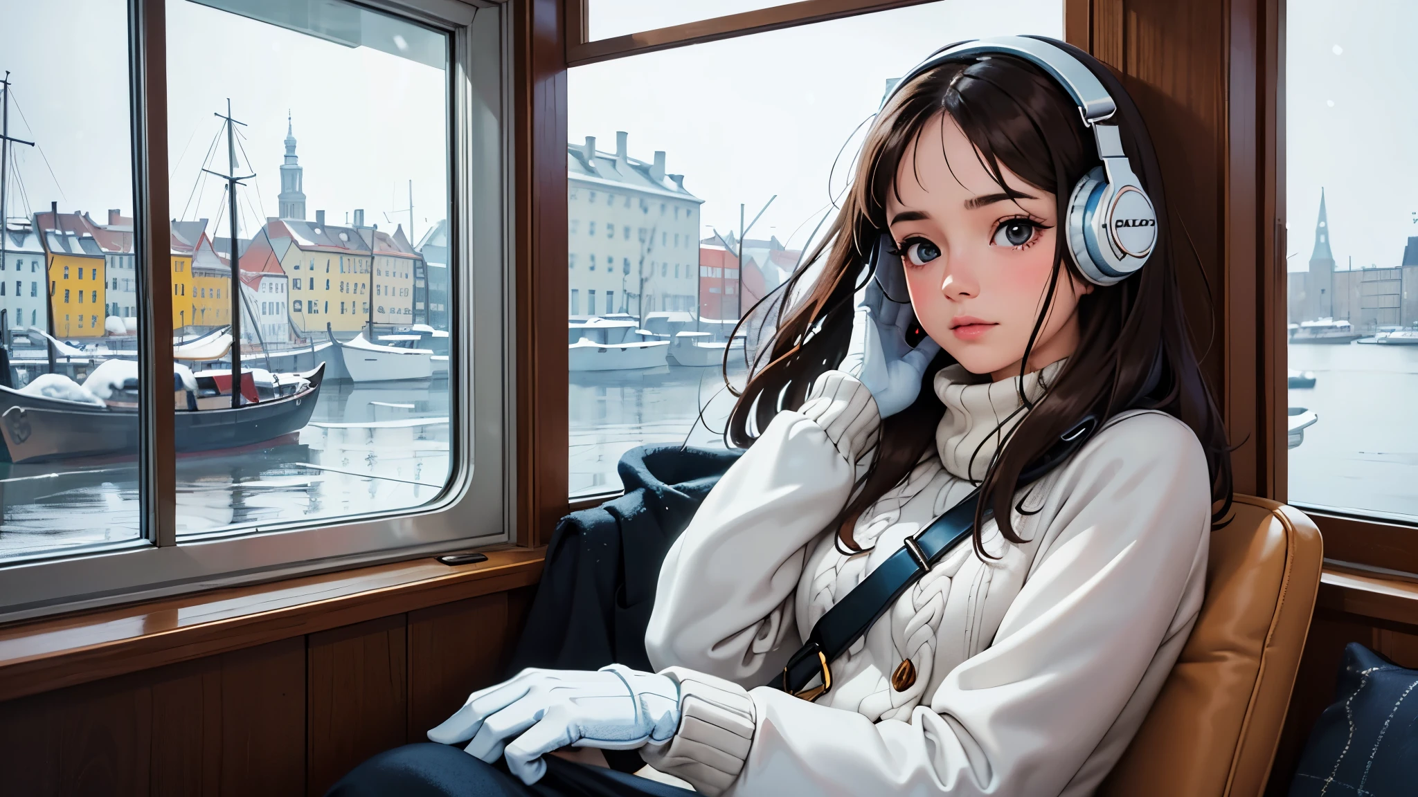 lofi relaxed one brunette girl with headphones sails in a boat, looks outside, head glued to window. winter. snowing. bad weather. in windows beautiful saturated landscape of colorful (winter Nyhavn in Copenhagen). travel. tourist. sweater, gloves. long hair blown by wind.