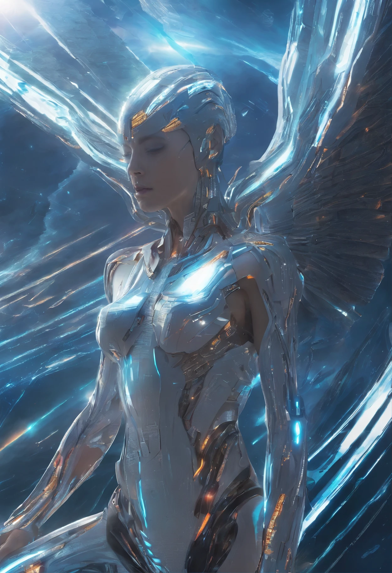 cosmic fallen angel, olhos claros brilhantes, Biomechanicals, estranho, assustador, Pesadelo, cores muito brilhantes, light particles, com luz brilhante, Mshiv, Arte do papel de parede, Papel de parede UHD
