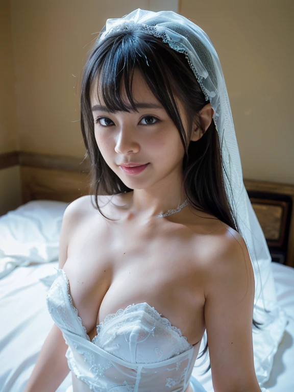 (masterpiece: 1.4), (hyper realistic: 1.4), (best quality, 16k, 32k, masterpiece, UHD: 1.2), dainty Japan herself female photo, one young girl, double eyelidig: 1.2), sexy bride, (pure sheer white wedding dress, wedding veil)), (deep slit: 1.2), (smile: 1.1), Off-shoulder, ((in bedroom)), cleavage cutout, (sideboolose to viewer), (natural light)