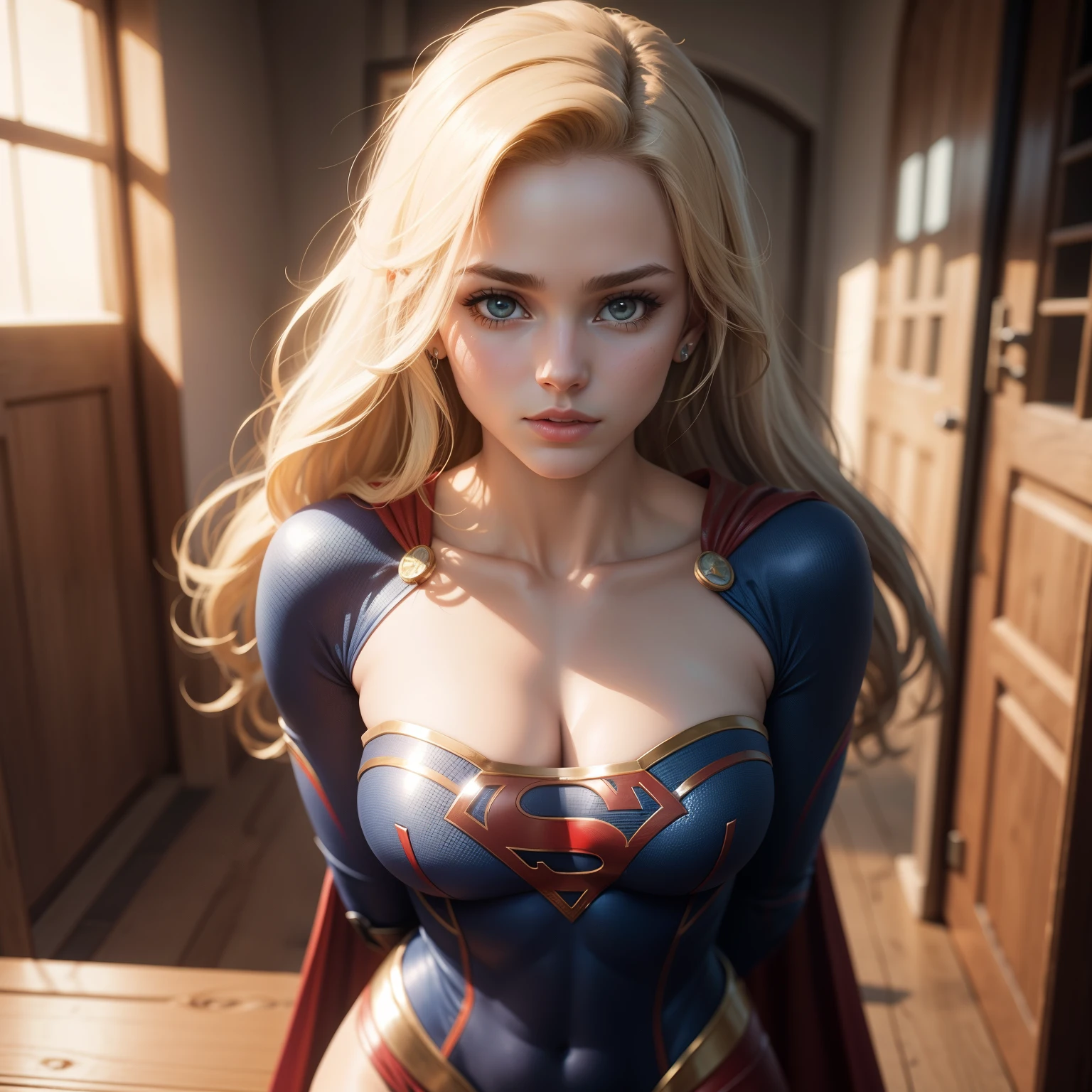 Mulher bonita cabelo curto corpo definido seios grandes, vestindo cosplay de Supergirl, p0rno, realistic and detailed hands
