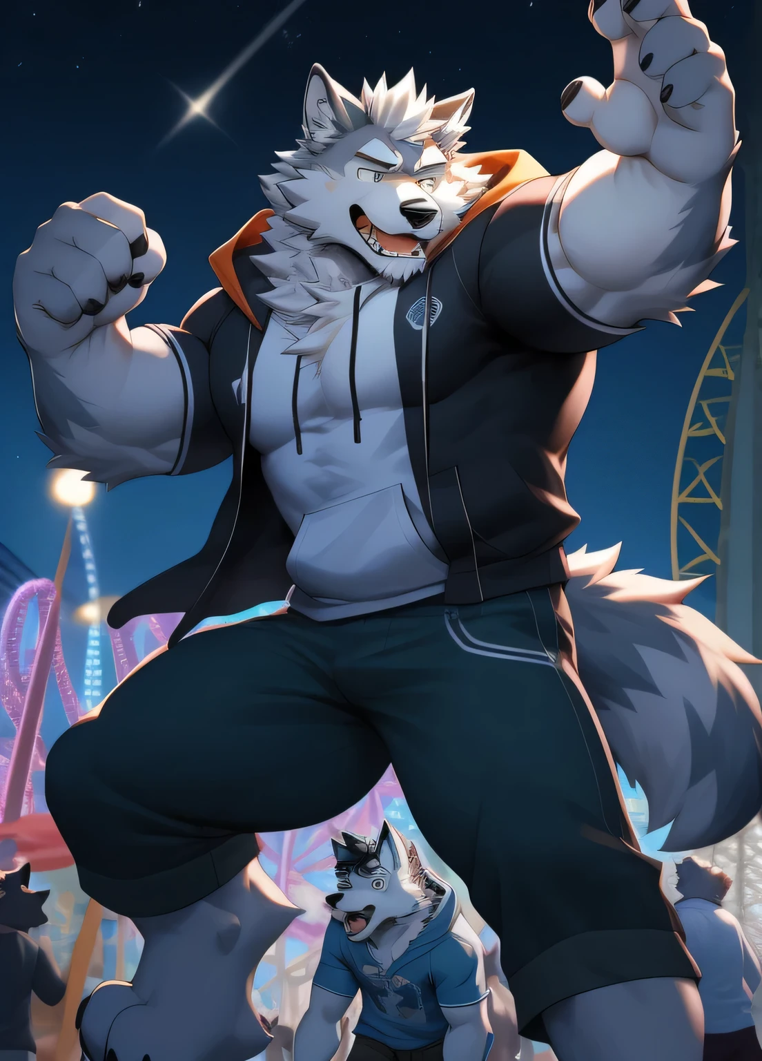 hairy，（（Wolf，white hoodie）），white fur，male，Common，（（极其lifelike阴影，masterpiece，Very detailed，lifelike）），
（（Cat）），physical man，dynamic poses，dark night，amusement park