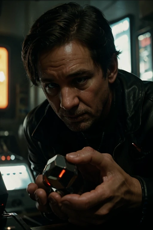 cinematic, Film By Steven Spielberg, Close-up shot of James's trembling hands as he searches for the crystal device - This shot can convey the importance of what he's looking for. cyberpunk