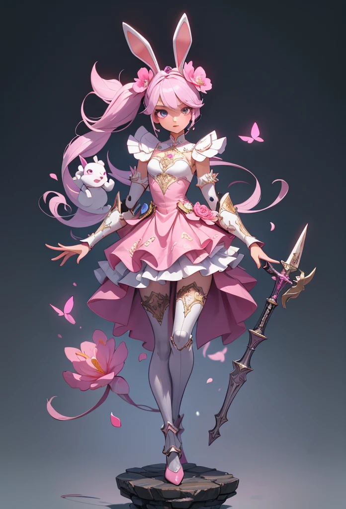(detailed illustrations,Very detailed and precise drawing,Delicate drawn lines with tempo,Realistic texture expression),[color traced main line],(fantasy world battlefield [burning castle]),(GIRL ROBOT  (pink rabbit [METALFACE[lenticular iris]])) [WEAPON MACHINE],(([petal] metal dress [frills]) [flower pattern] [Clear pink translucent armor that covers the body surface]) [ribbon]) [Energy tubes that glow at the joints],[use a sledgehammer as a weapon],[[Mobile Weapon Gigant Size][science fiction mechanical]],(Metallic luster on metal parts),(intricate and beautiful decoration [Dense detail]),(Precisely drawn face)[perfect eye details(Beautifully detailed iris)[eyes like jewels]],[long and beautiful eyelashes],[precisely drawn hair [Beautiful and shiny hair details]],(perfect hand details [Beautiful fingers with no damage [beautiful nails]]),(perfect anatomy(perfectly balanced proportions))[[full body portrait]],[ideal color coordination(Accurate simulation of light and material interactions)],[Visual art that tells a story].
